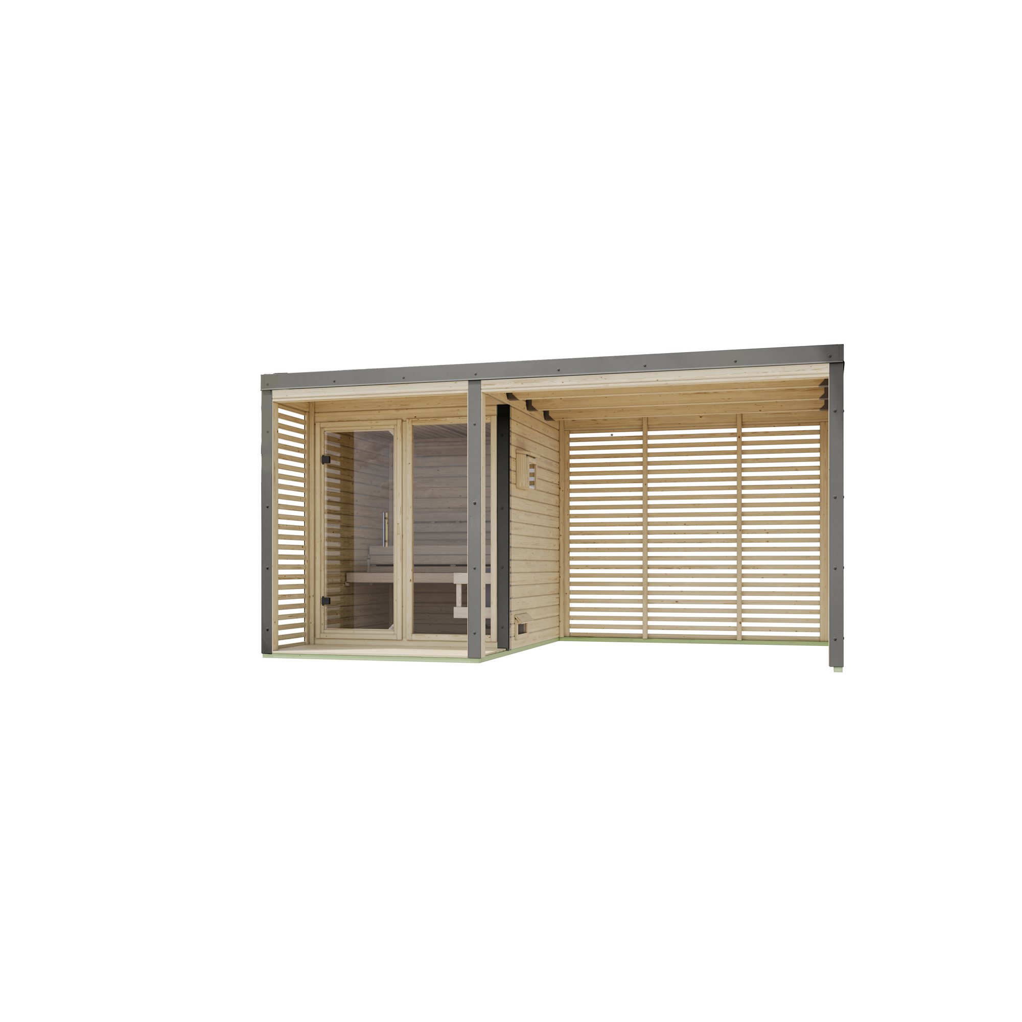 Saunahaus 'Aressa 1' naturbelassen / graualuminium mit Anbaudach, Ofen 9 kW externe Steuerung 452 x 231,5 x 276 cm