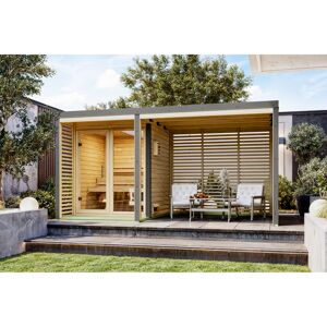 Saunahaus 'Aressa 1' naturbelassen / graualuminium mit Anbaudach, Ofen 9 kW Bio externe Steuerung 452 x 231,5 x 276 cm