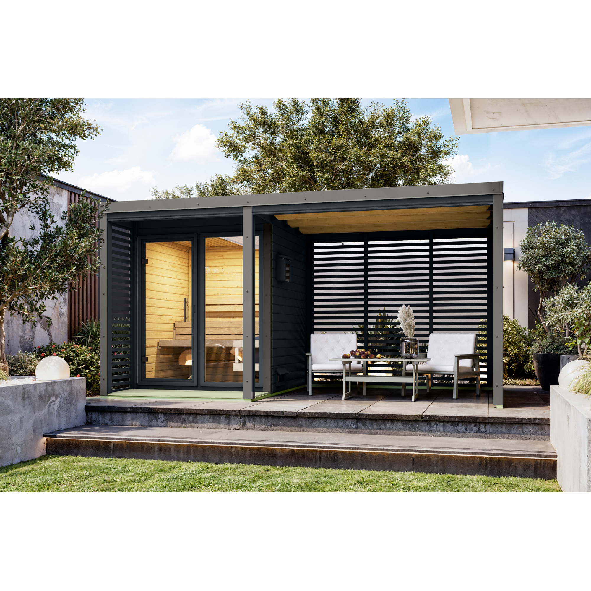 Saunahaus 'Aressa 1' anthrazit / graualuminium mit Anbaudach, Ofen 9 kW Bio externe Steuerung 452 x 231,5 x 276 cm