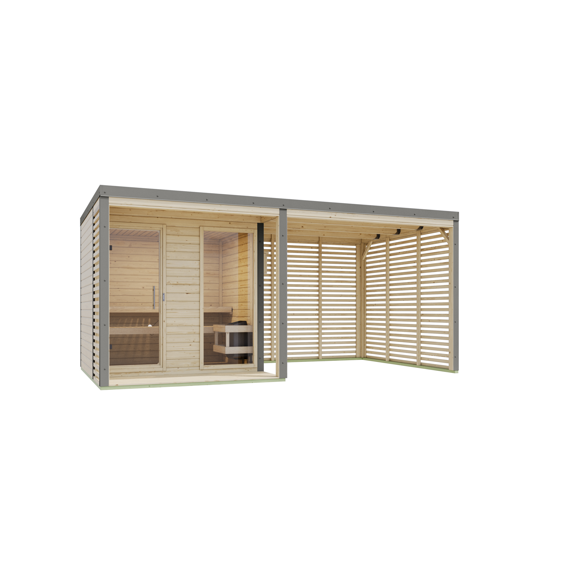 Saunahaus 'Aressa 2' naturbelassen / graualuminium mit Anbaudach, Ofen 9 kW Bio externe Steuerung 492 x 231,5 x 276 cm