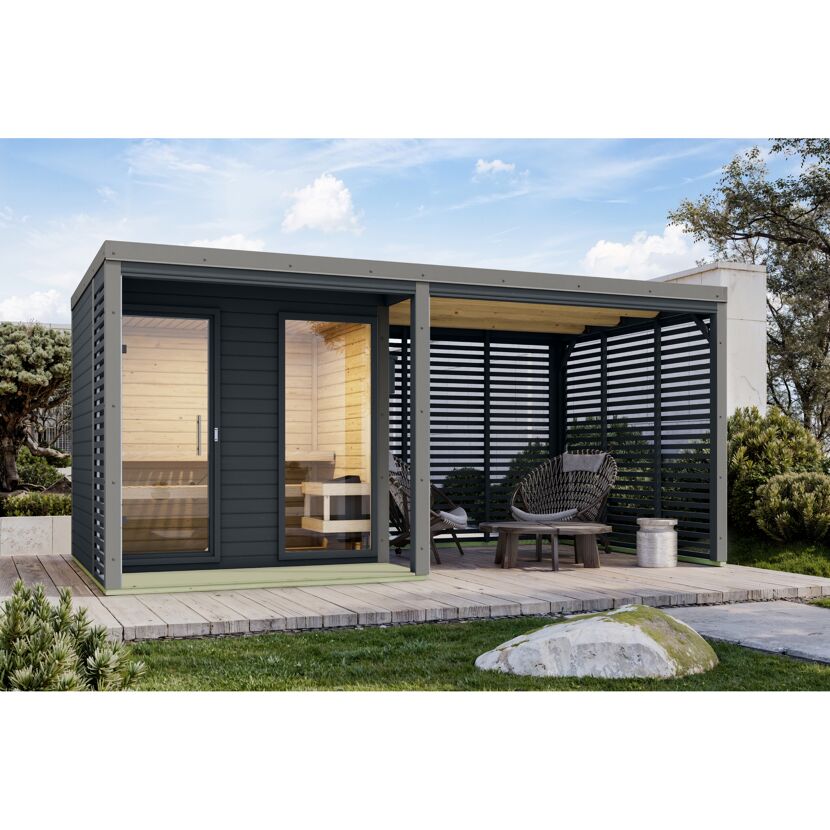 Saunahaus 'Aressa 2' anthrazit / graualuminium mit Anbaudach, Ofen 9 kW Bio externe Steuerung 492 x 231,5 x 276 cm