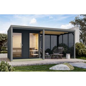Saunahaus 'Aressa 2' anthrazit / graualuminium mit Anbaudach, Ofen 9 kW Bio externe Steuerung 492 x 231,5 x 276 cm