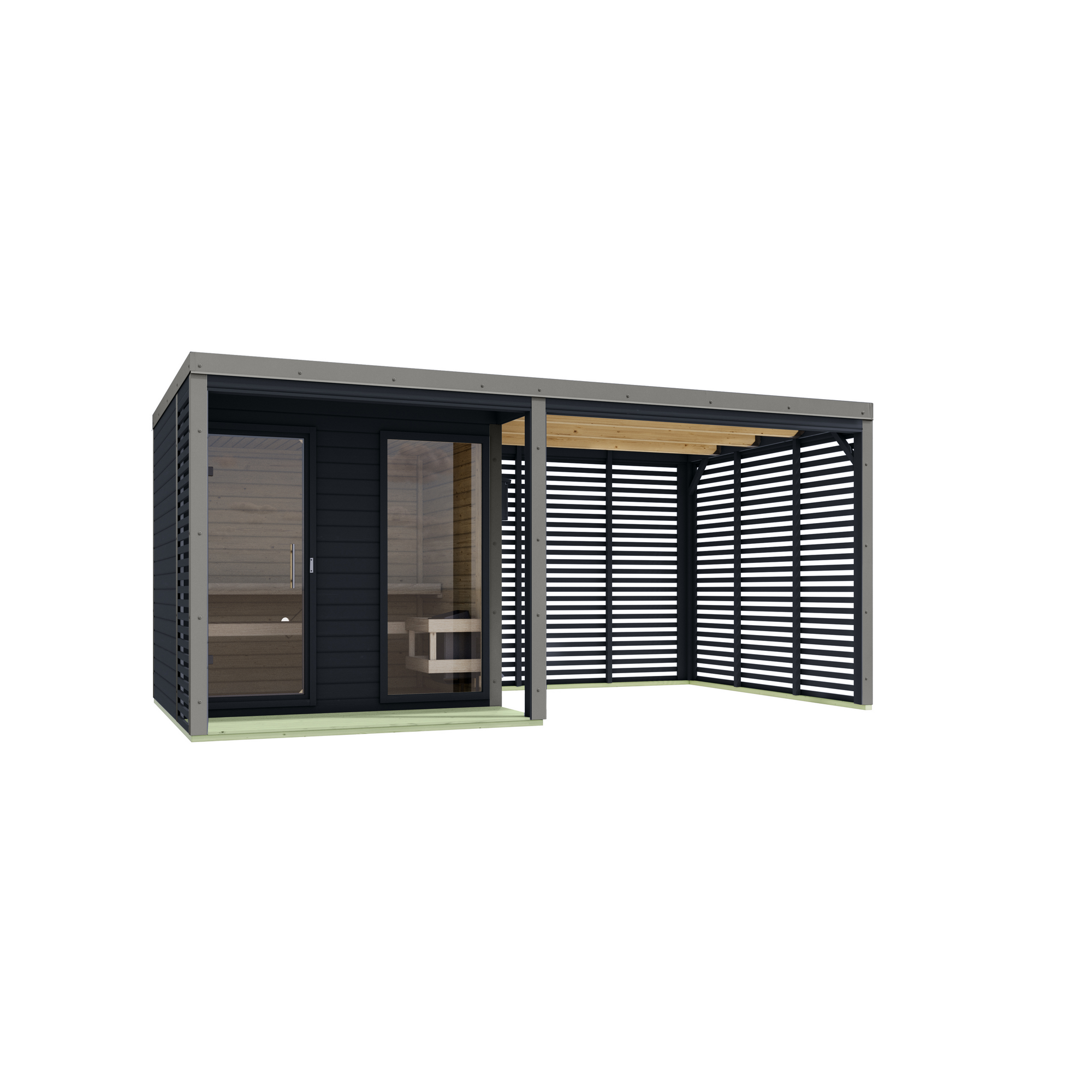 Saunahaus 'Aressa 2' anthrazit / graualuminium mit Anbaudach, Ofen 9 kW Bio externe Steuerung 492 x 231,5 x 276 cm