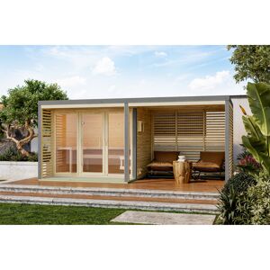 Saunahaus 'Aressa 3' naturbelassen / graualuminium mit Anbaudach, Ofen 9 kW externe Steuerung 537,5 x 231,5 x 276 cm