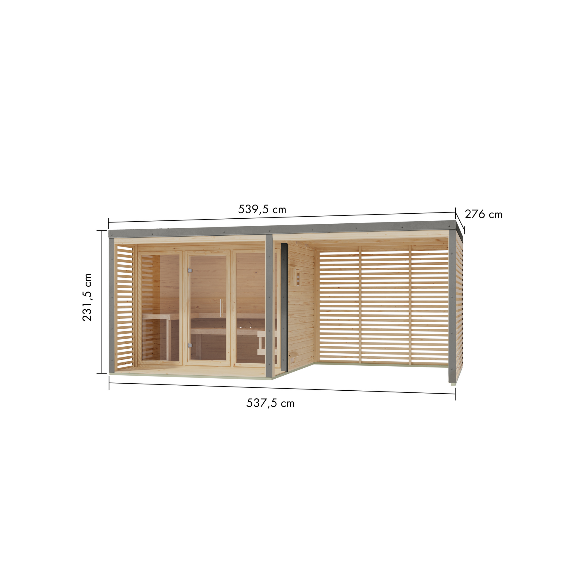 Saunahaus 'Aressa 3' naturbelassen / graualuminium mit Anbaudach, Ofen 9 kW externe Steuerung 537,5 x 231,5 x 276 cm