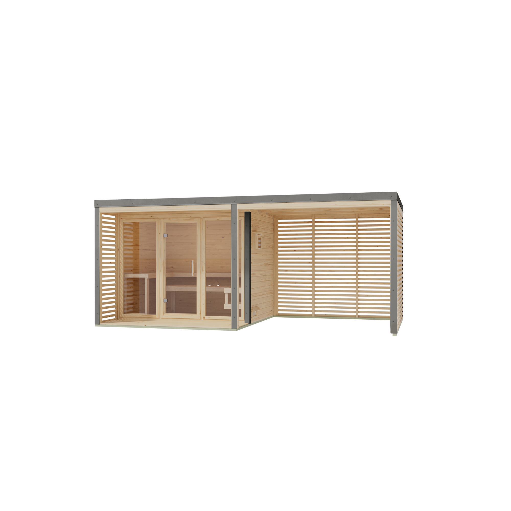 Saunahaus 'Aressa 3' naturbelassen / graualuminium mit Anbaudach, Ofen 9 kW externe Steuerung 537,5 x 231,5 x 276 cm