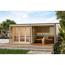 Saunahaus 'Aressa 3' naturbelassen / graualuminium mit Anbaudach, Ofen 9 kW Bio externe Steuerung 537,5 x 231,5 x 276 cm