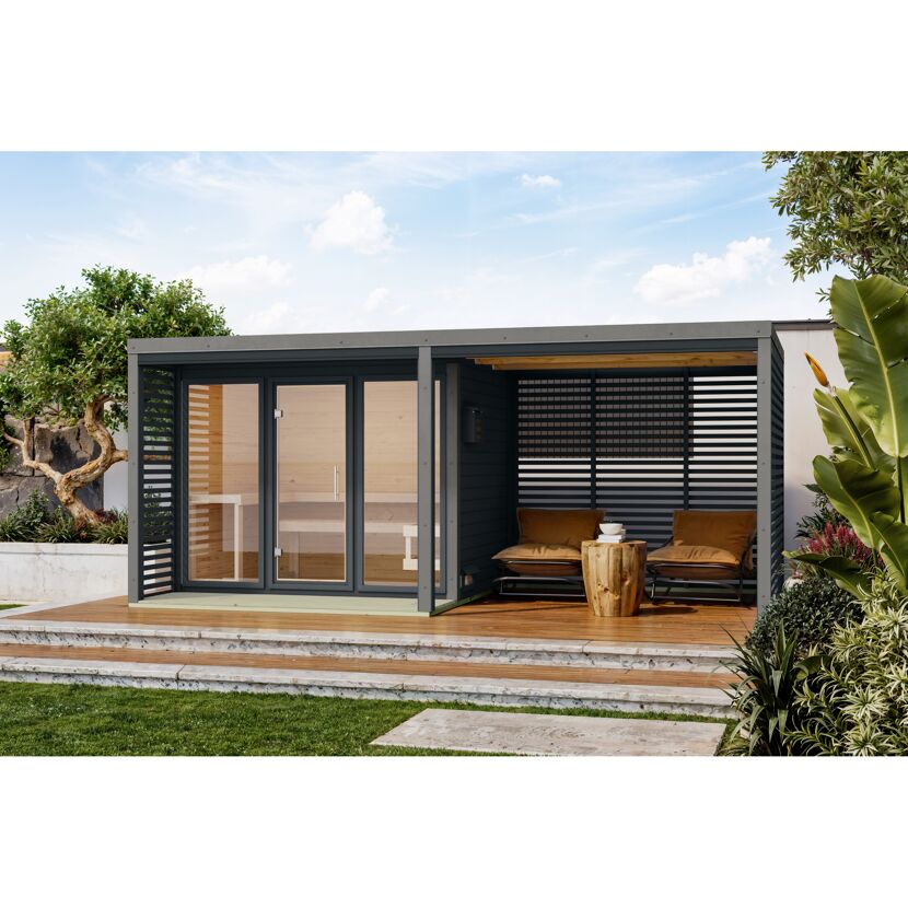 Saunahaus 'Aressa 3' naturbelassen / graualuminium mit Anbaudach, Ofen 9 kW externe Steuerung 537,5 x 231,5 x 276 cm
