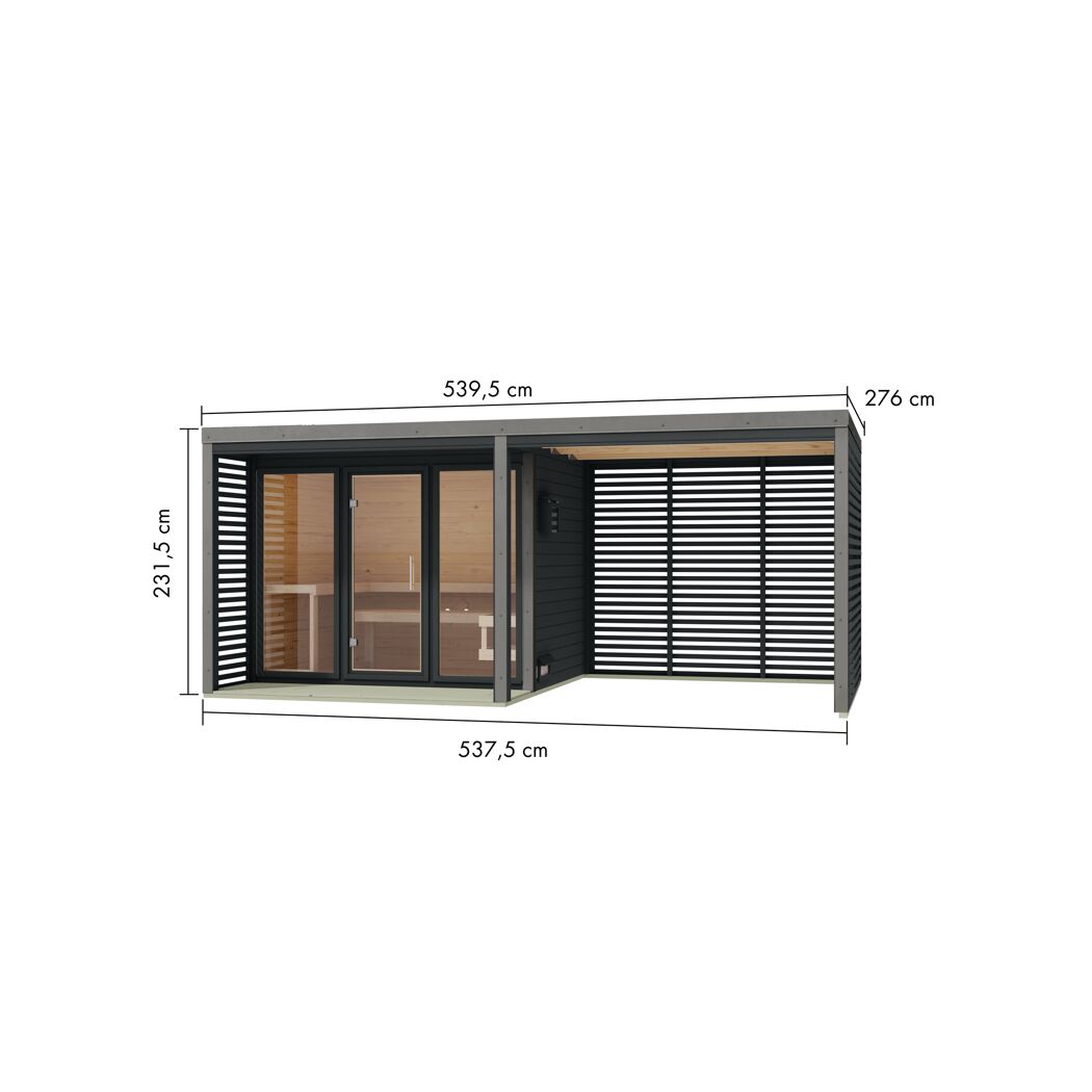 Saunahaus 'Aressa 3' naturbelassen / graualuminium mit Anbaudach, Ofen 9 kW externe Steuerung 537,5 x 231,5 x 276 cm
