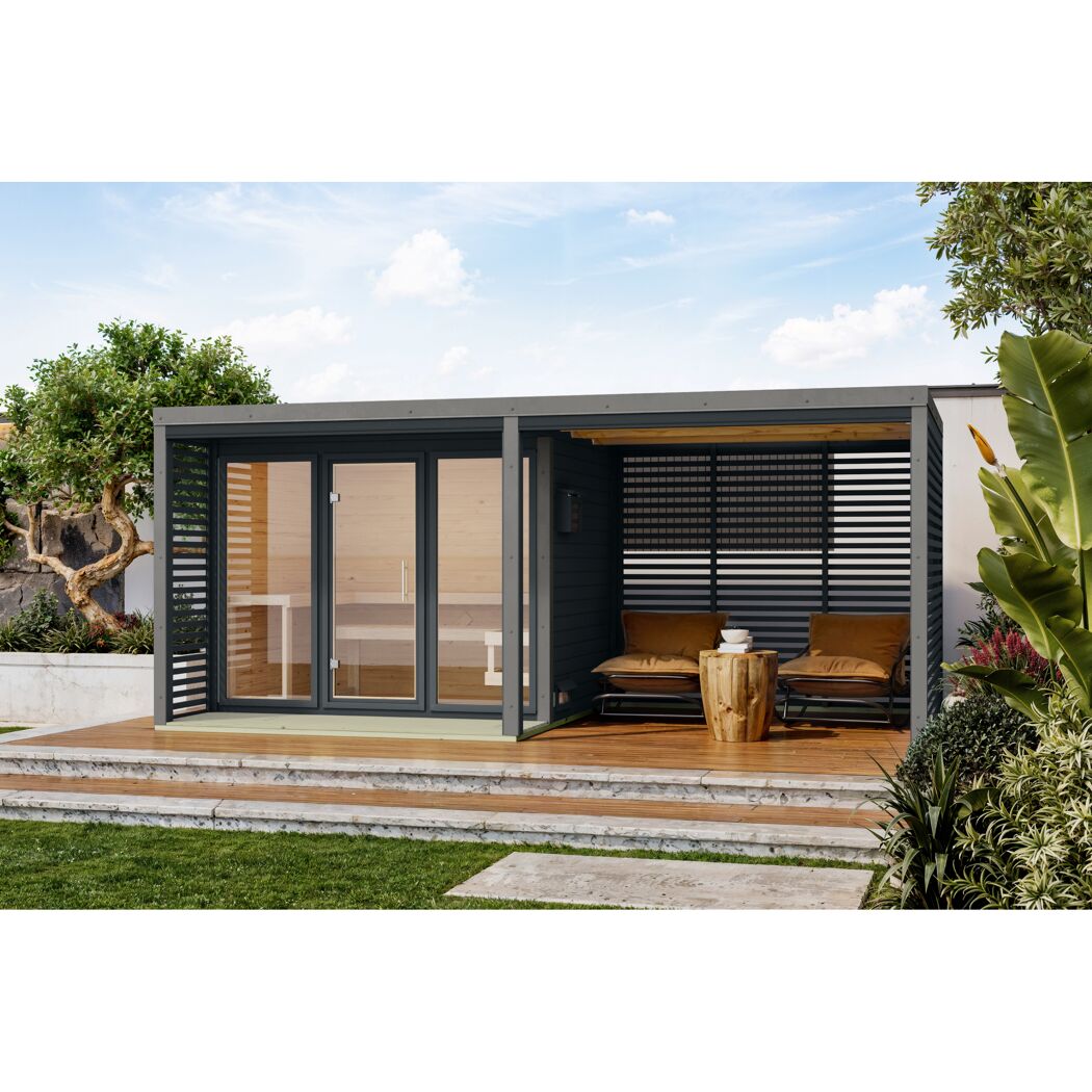 Saunahaus 'Aressa 3' anthrazit / graualuminium mit Anbaudach, Ofen 9 kW Bio externe Steuerung 537,5 x 231,5 x 276 cm