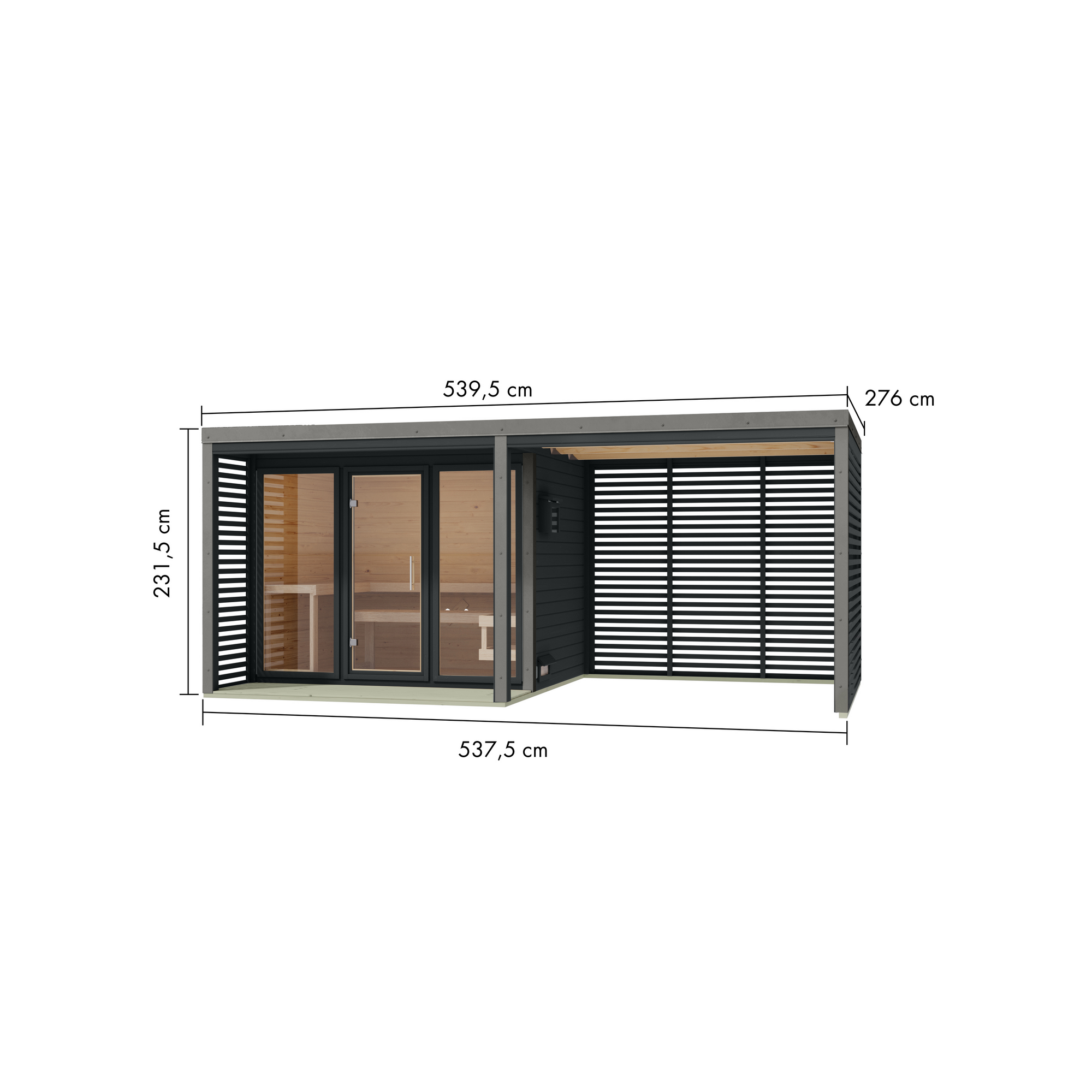 Saunahaus 'Aressa 3' anthrazit / graualuminium mit Anbaudach, Ofen 9 kW Bio externe Steuerung 537,5 x 231,5 x 276 cm