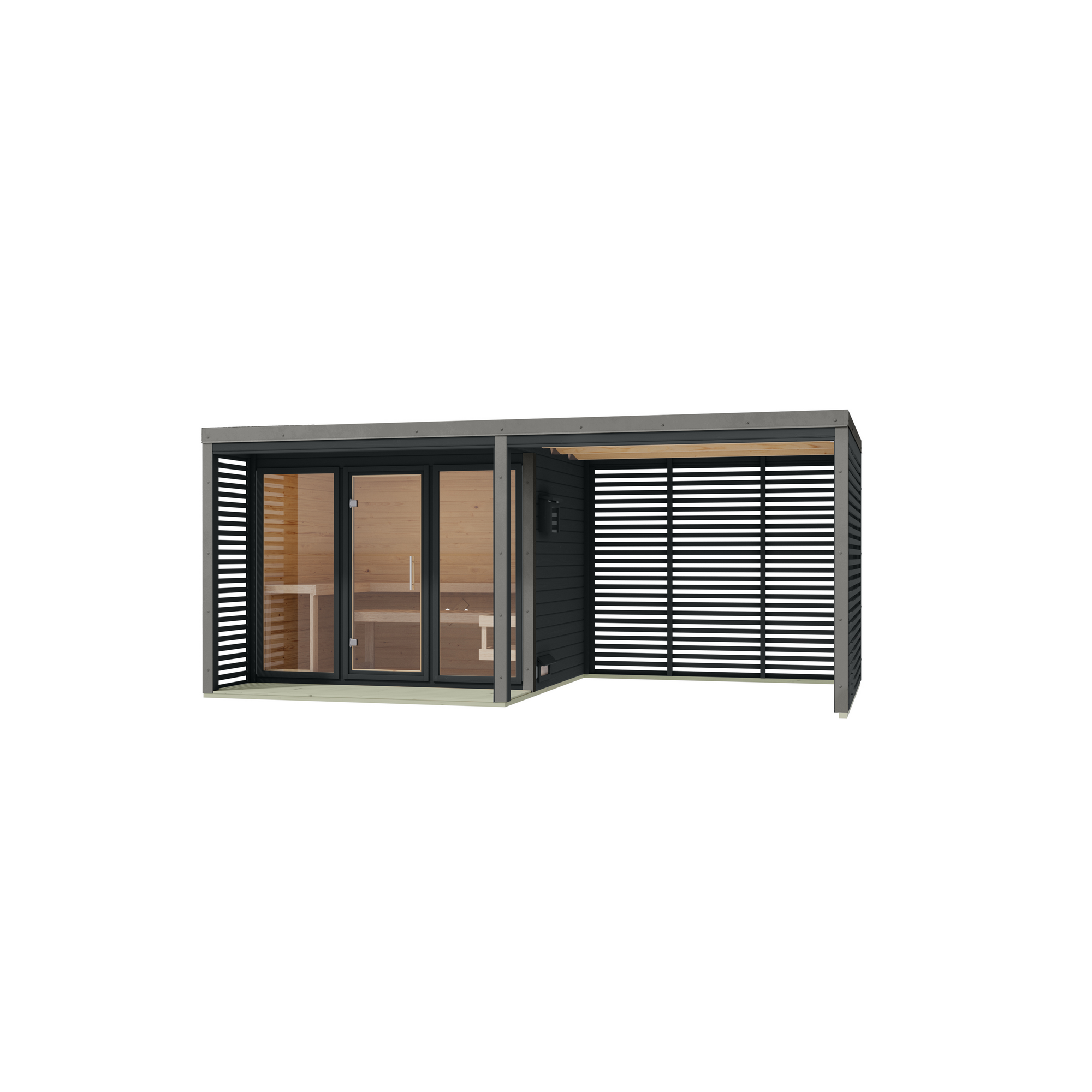 Saunahaus 'Aressa 3' anthrazit / graualuminium mit Anbaudach, Ofen 9 kW Bio externe Steuerung 537,5 x 231,5 x 276 cm