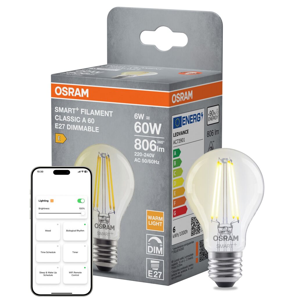LED-Leuchtmittel 'SMART+ MATTER Filament Classic shapes Dimmable' dimmbar Standardform klar E27 6 W 806 lm warmweiß