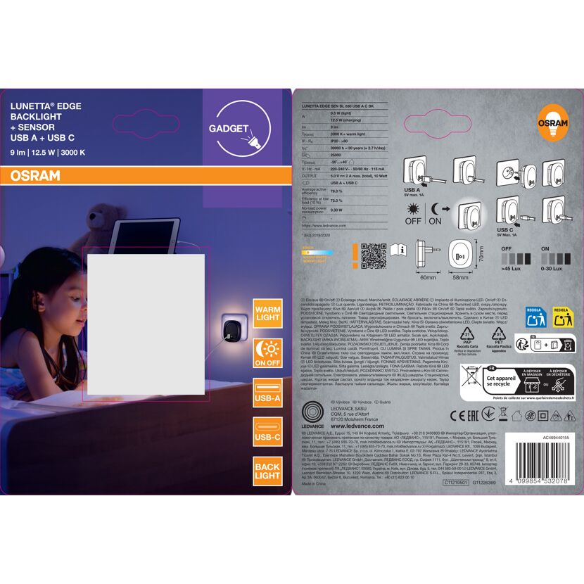 LED-Nachtlicht 'Lunetta Edge USB A&C' 12,5 W 9 lm warmweiß 6 x 7 x 5,8 cm