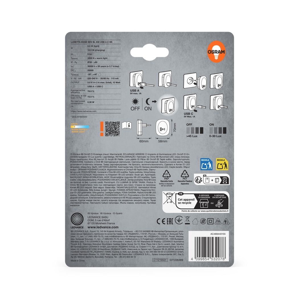 LED-Nachtlicht 'Lunetta Edge USB A&C' 12,5 W 9 lm warmweiß 6 x 7 x 5,8 cm