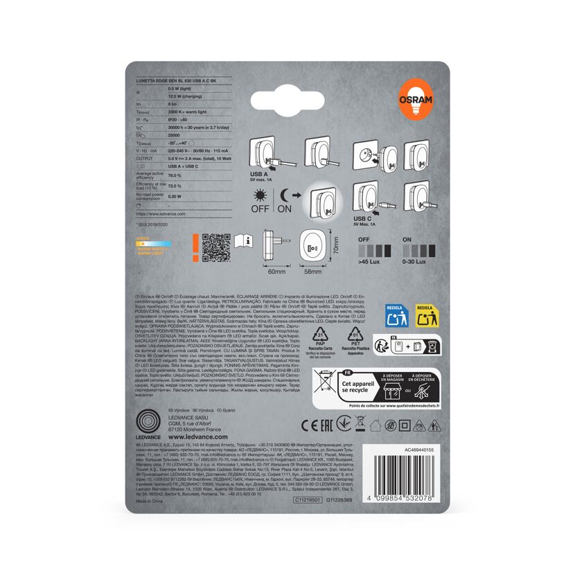 LED-Nachtlicht 'Lunetta Edge USB A&C' 12,5 W 9 lm warmweiß 6 x 7 x 5,8 cm