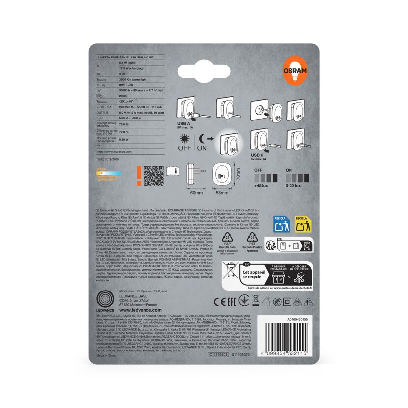 LED-Nachtlicht 'Lunetta Edge USB A&C' 12,5 W 9 lm warmweiß 6 x 7 x 5,8 cm