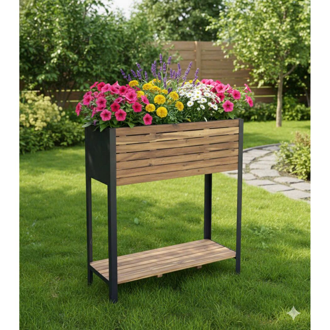 Hochbeet 'Leonie' Akazienholz/Stahlrahmen naturfarben/schwarz 90 x 100 x 32,5 cm