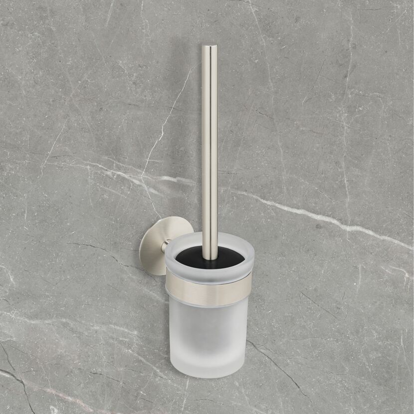 WC-Bürstengarnitur 'Meleto' Edelstahl matt Glas satiniert Ø 9,5 x 36 cm, Klebemontage