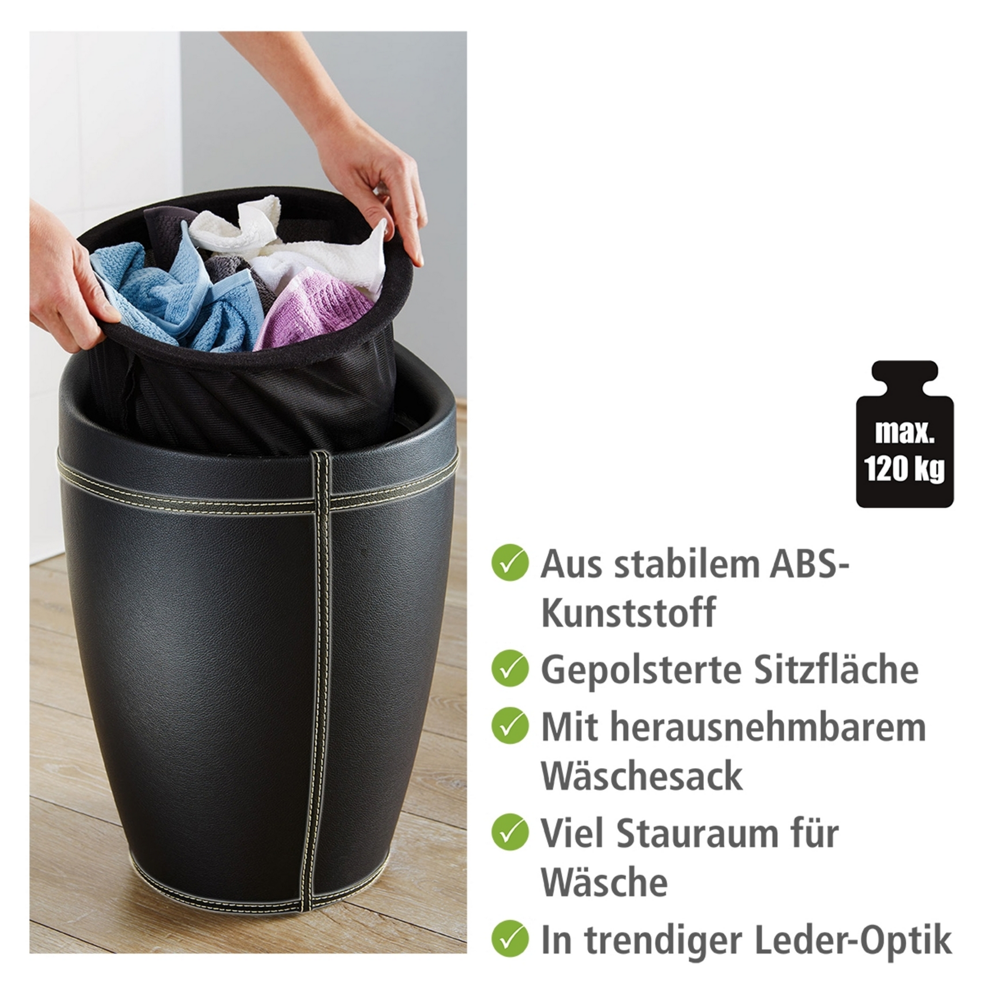 Badhocker mit Wäschesack 'Candy' schwarz Ø 36 x 50,5 cm