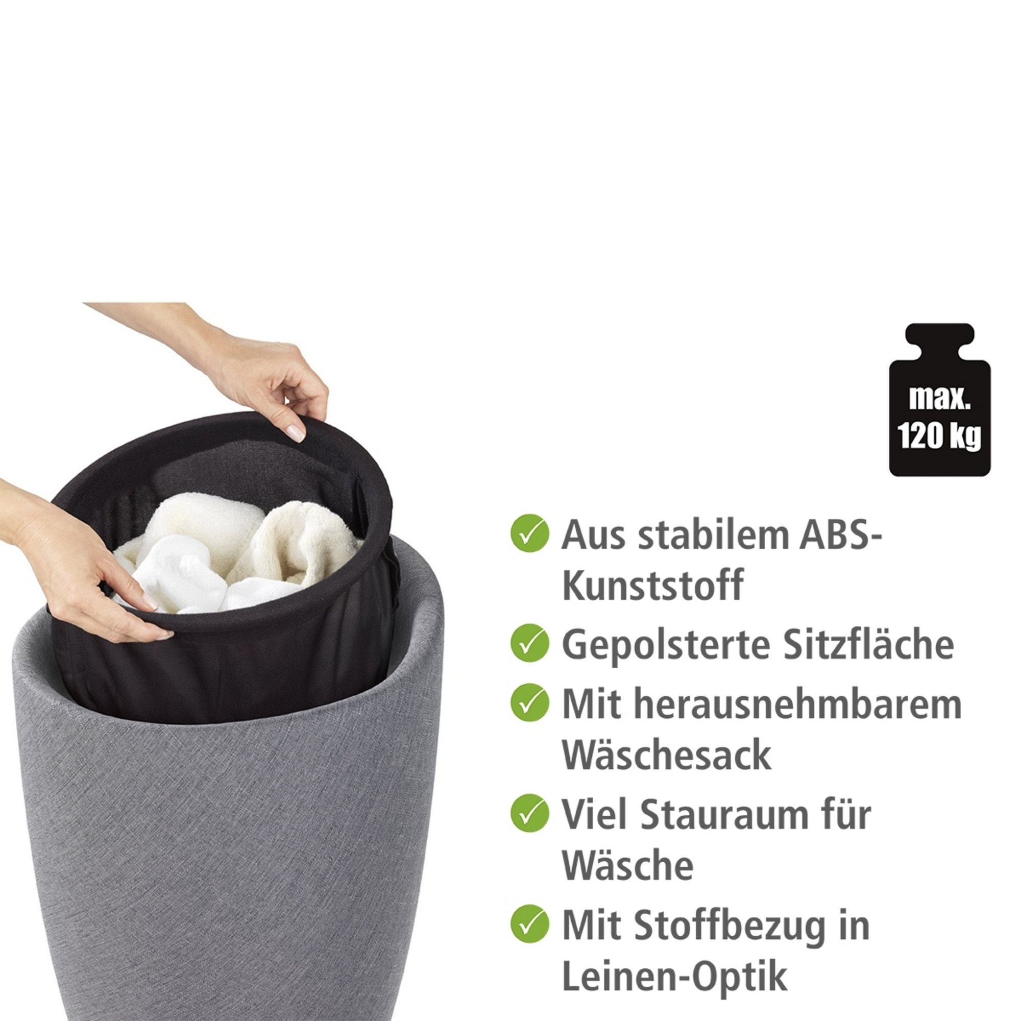 Badhocker mit Wäschesack 'Candy' dunkelgrau Ø 36 x 50,5 cm