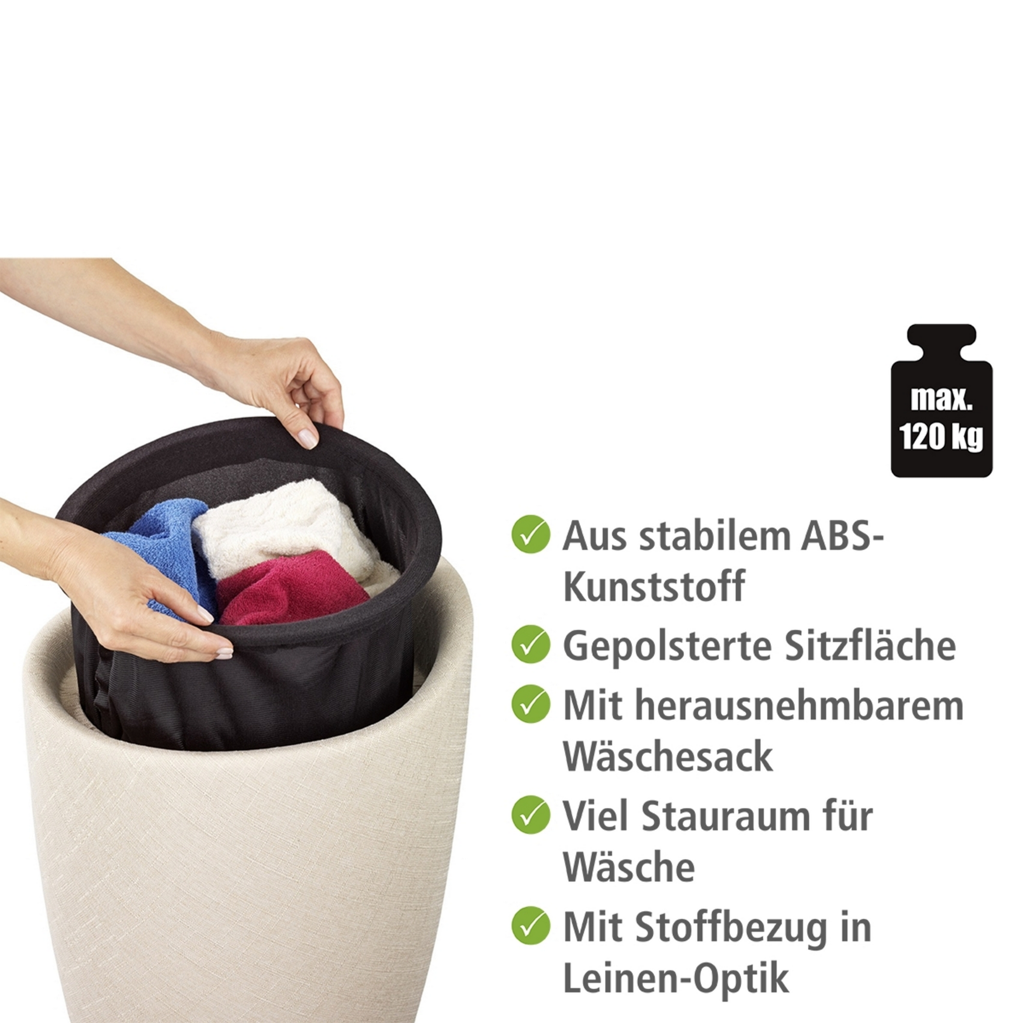 Badhocker mit Wäschesack 'Candy' beige Ø 36 x 50,5 cm