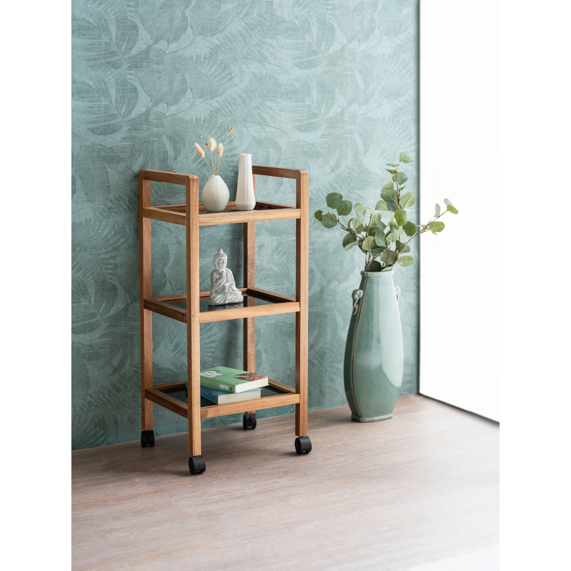 Regal 'Fondi' Akazienholz braun, schwarz 35 x 76,5 x 31 cm