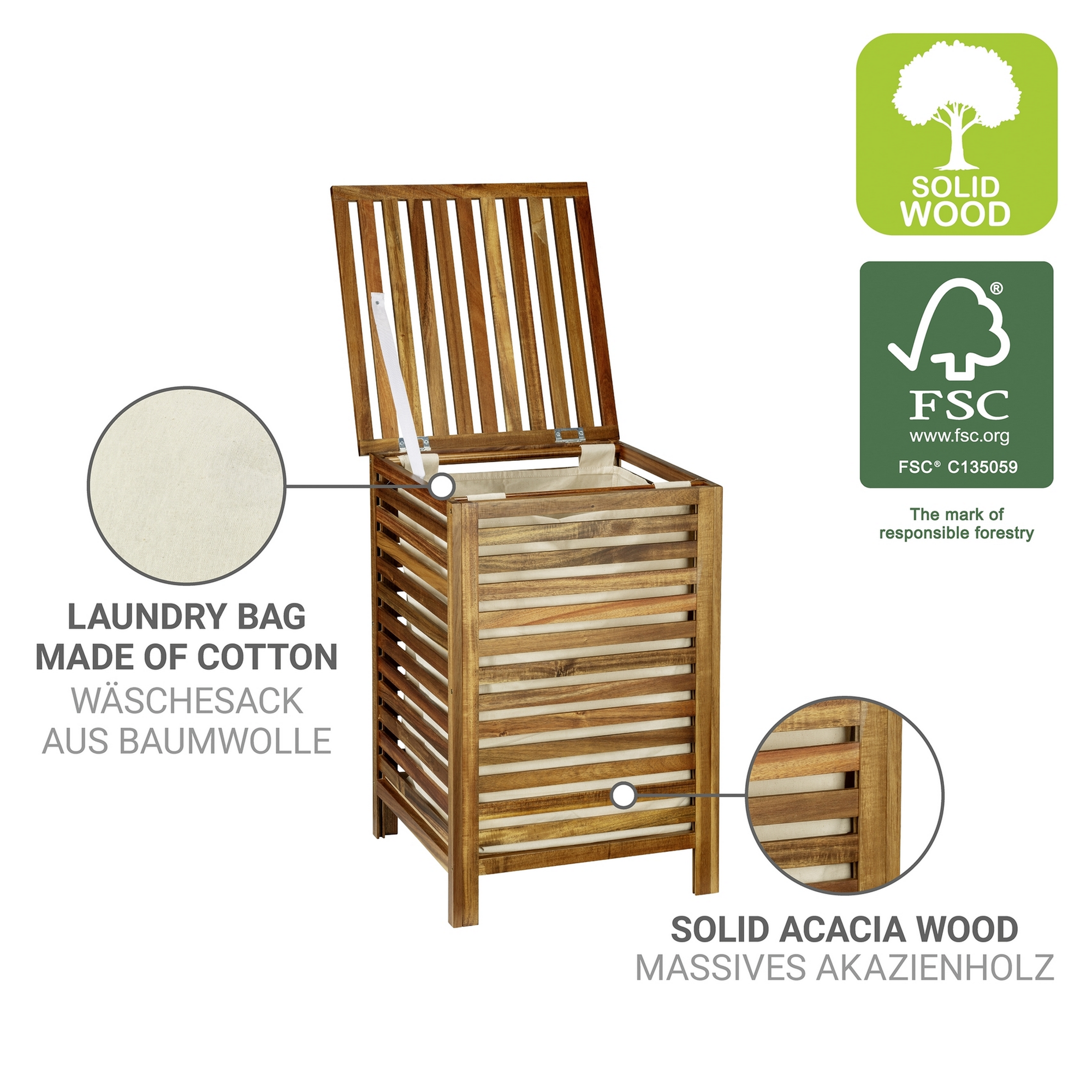 Wäschetruhe 'Fondi' Akazienholz 45 x 65 x 45 cm