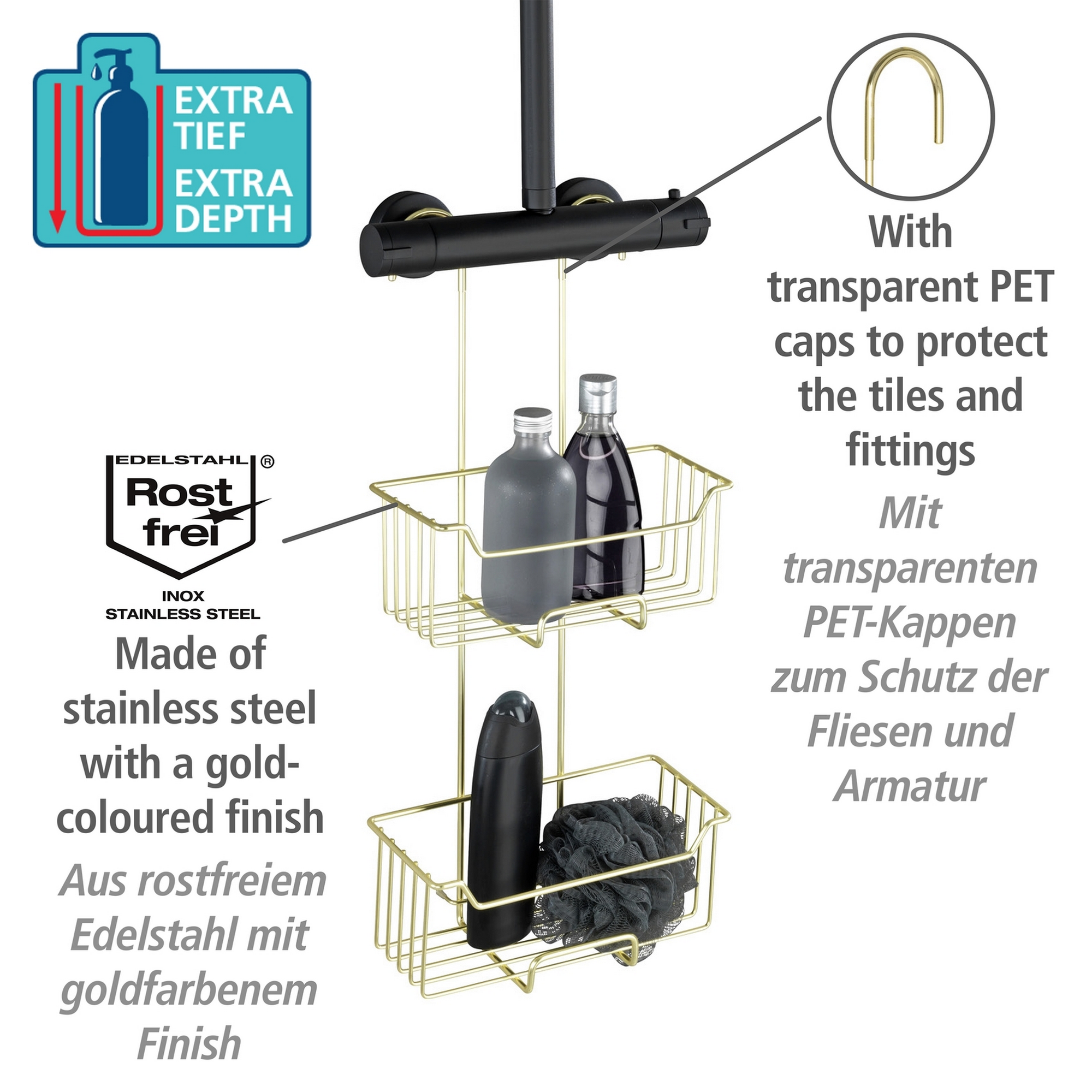 Duschregal 'Milo' Edelstahl goldfarben 25 x 55 x 14 cm