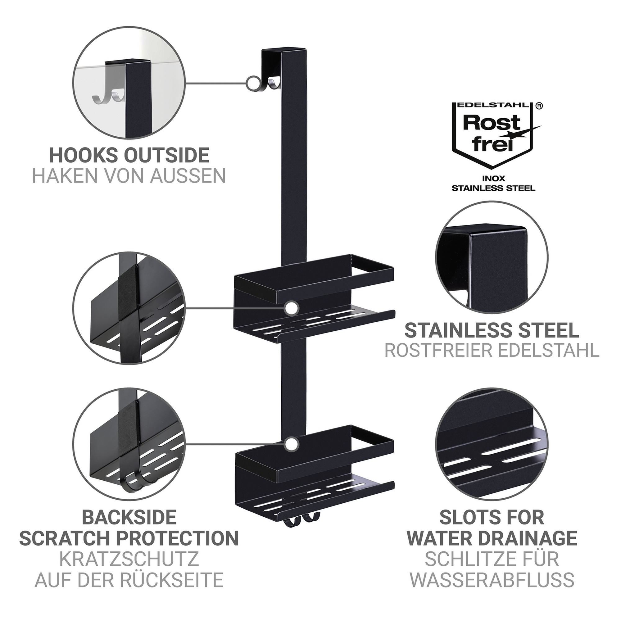 Duschregal 'Bribano' Edelstahl schwarz 23 x 71 x 18 cm