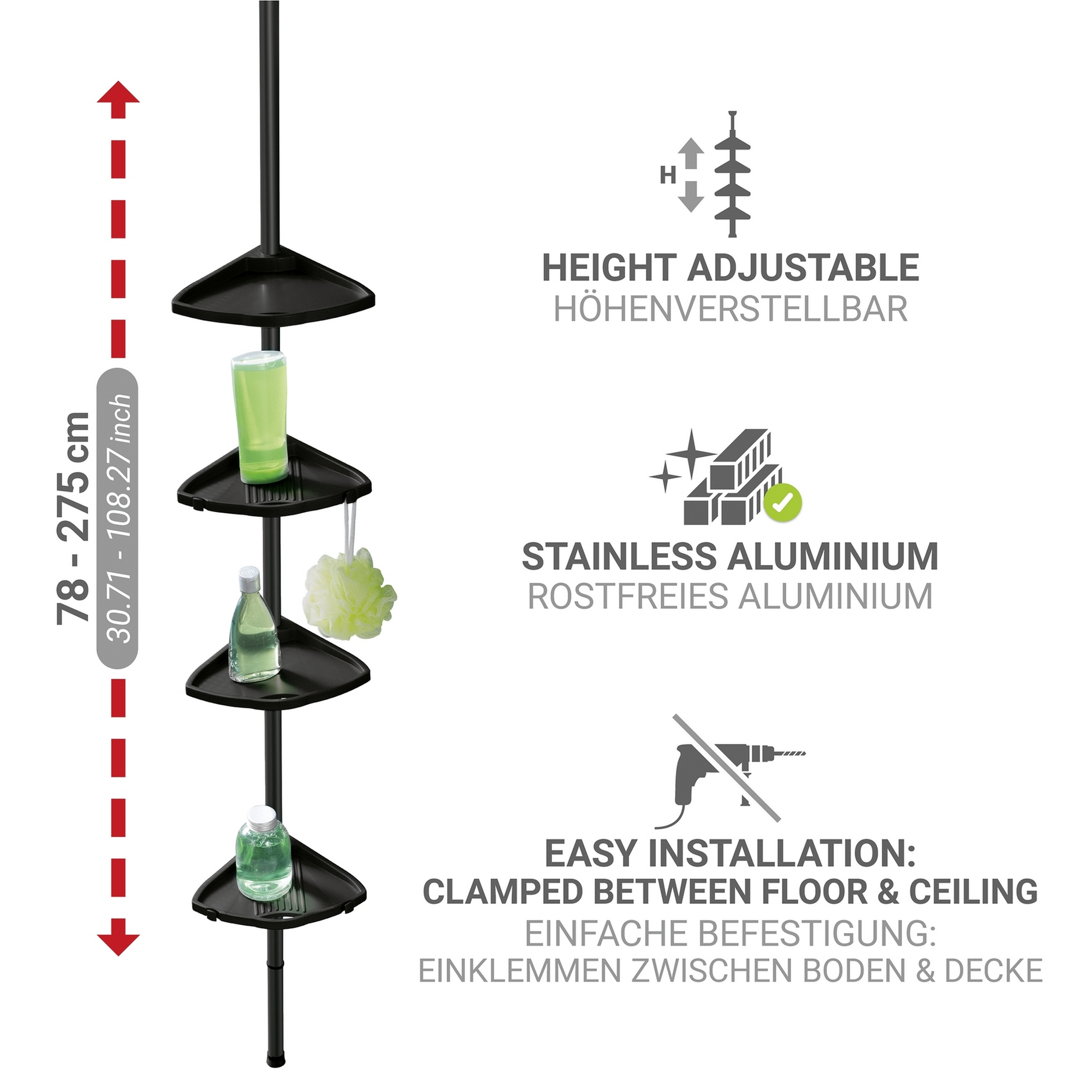 Duschregal teleskopierbar 'Compact' Aluminium schwarz 26 x 78-275 x 19,5 cm