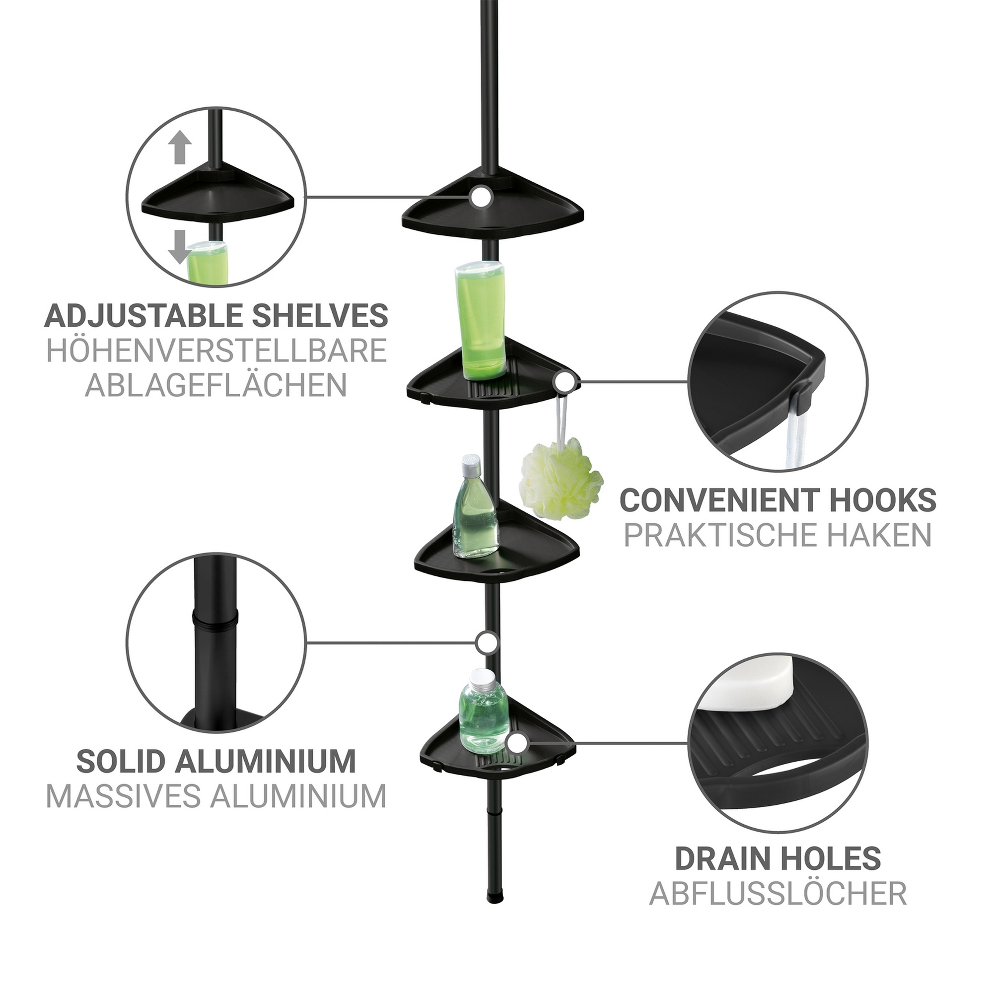 Duschregal teleskopierbar 'Compact' Aluminium schwarz 26 x 78-275 x 19,5 cm