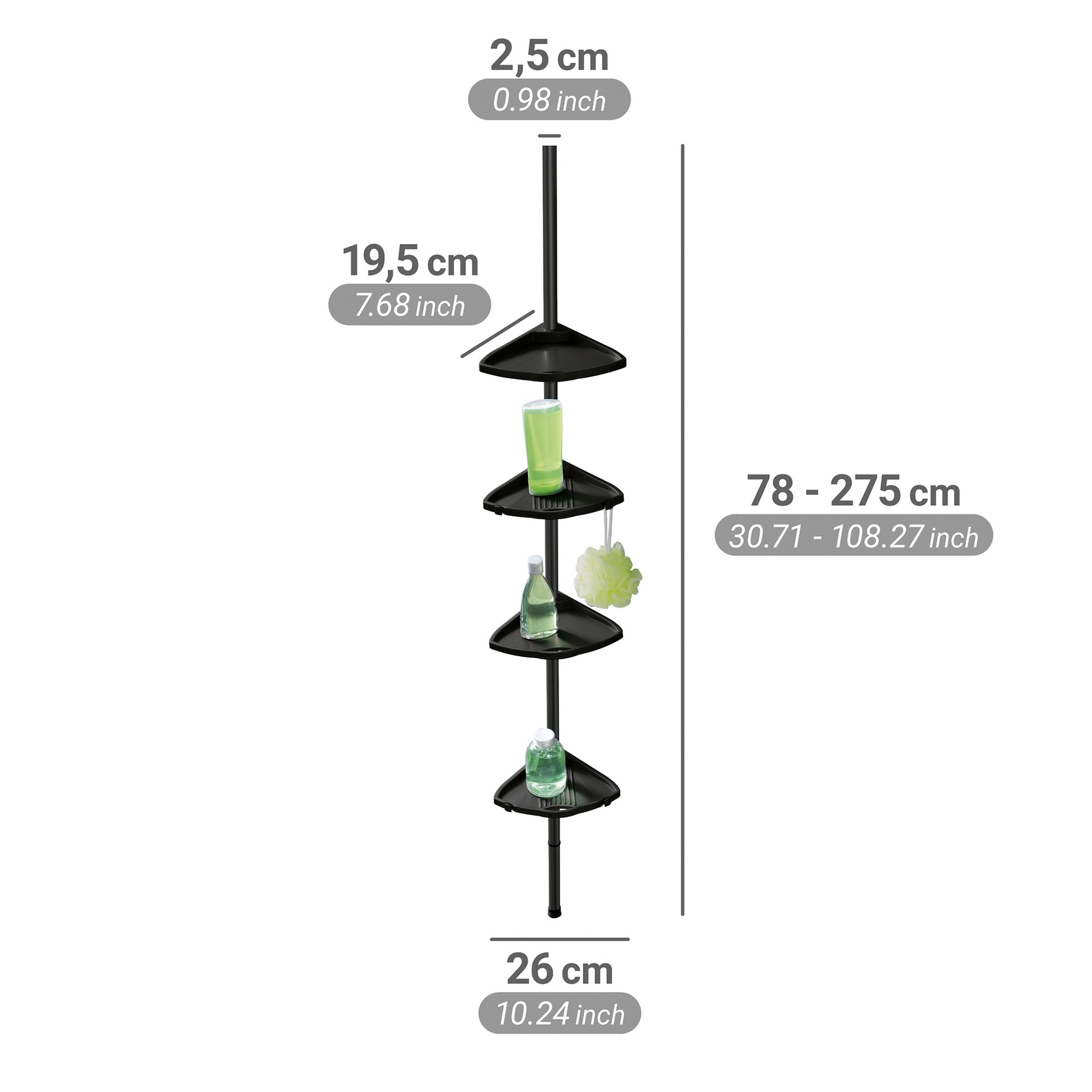 Duschregal teleskopierbar 'Compact' Aluminium schwarz 26 x 78-275 x 19,5 cm
