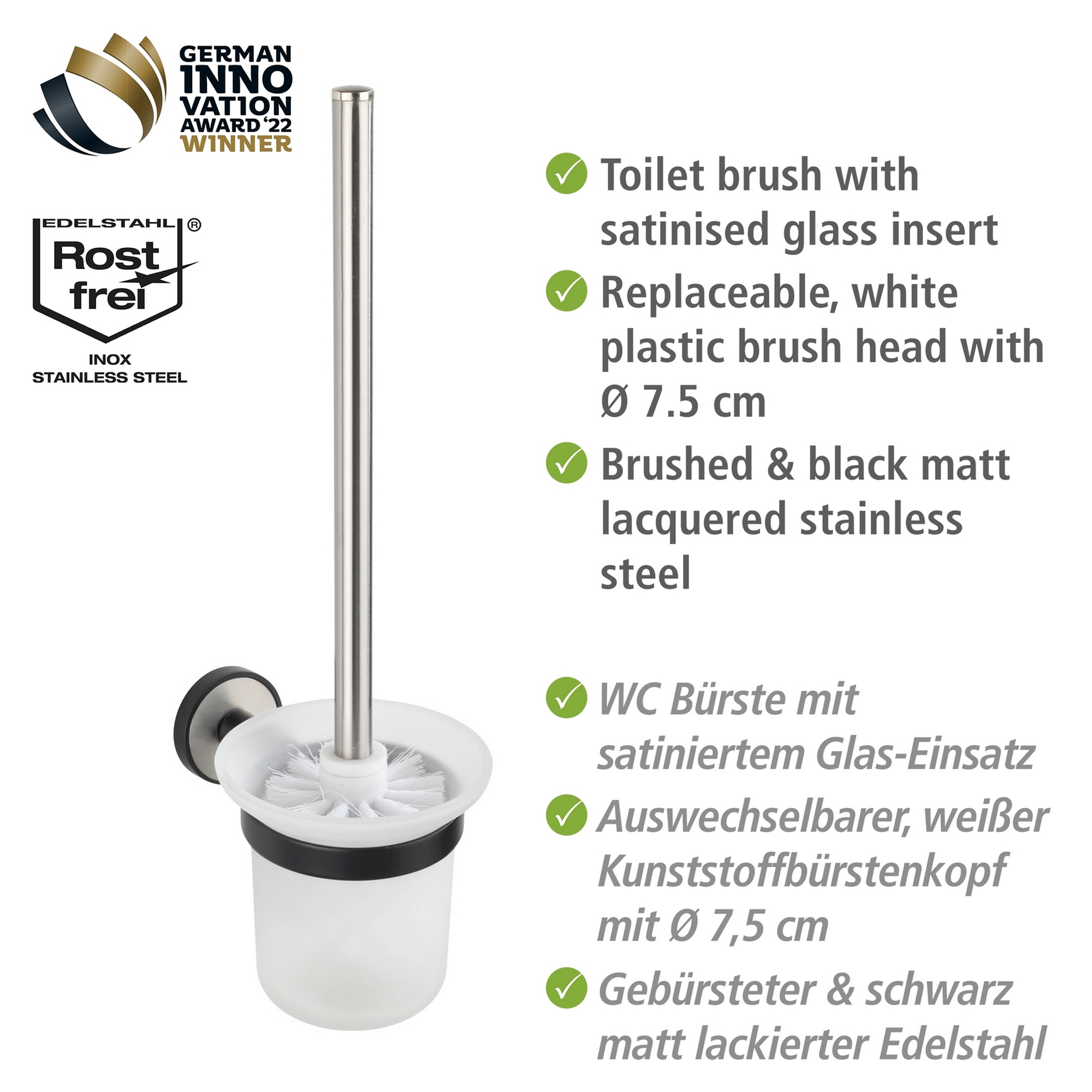 WC-Garnitur 'Udine' Edelstahl, Glas weiß, schwarz