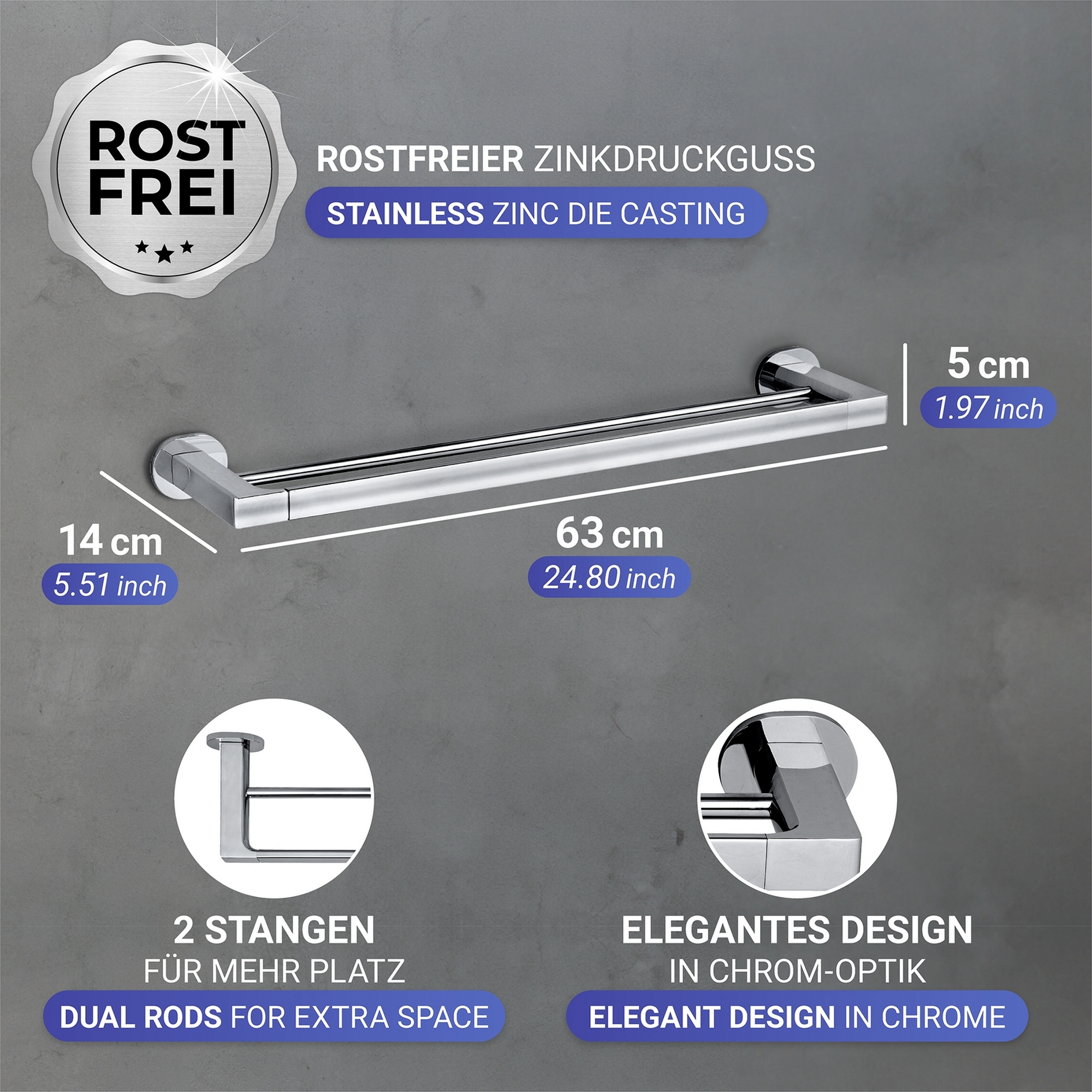 Handtuchstange 'Duo Maribor' chromfarben 63 x 5 x 14 cm