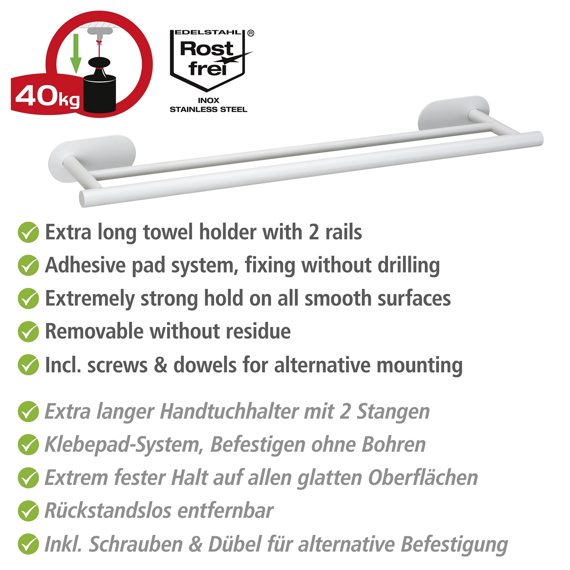 Handtuchstange 'Duo Orea' Edelstahl weiß 60 x 4,5 x 12 cm