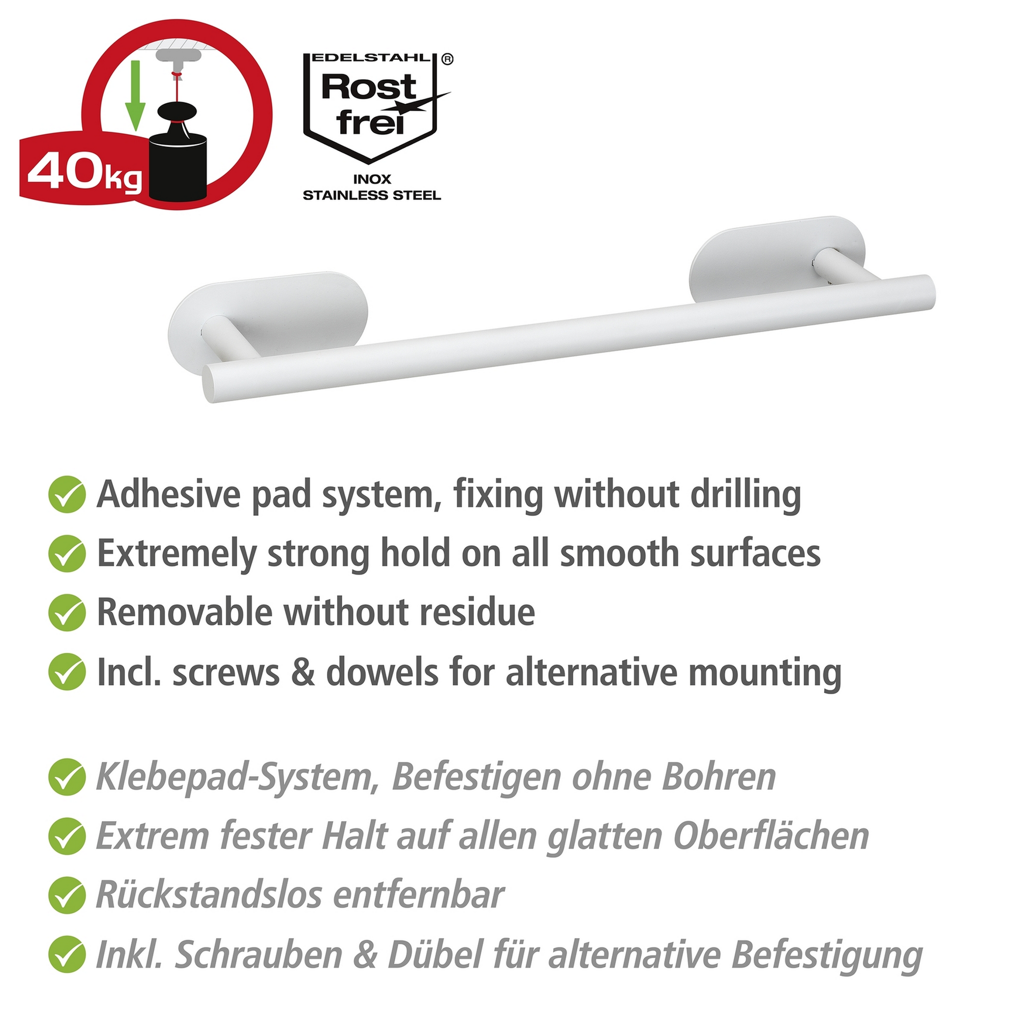 Handtuchstange 'Uno Orea' Edelstahl weiß 40 x 4,5 x 7 cm