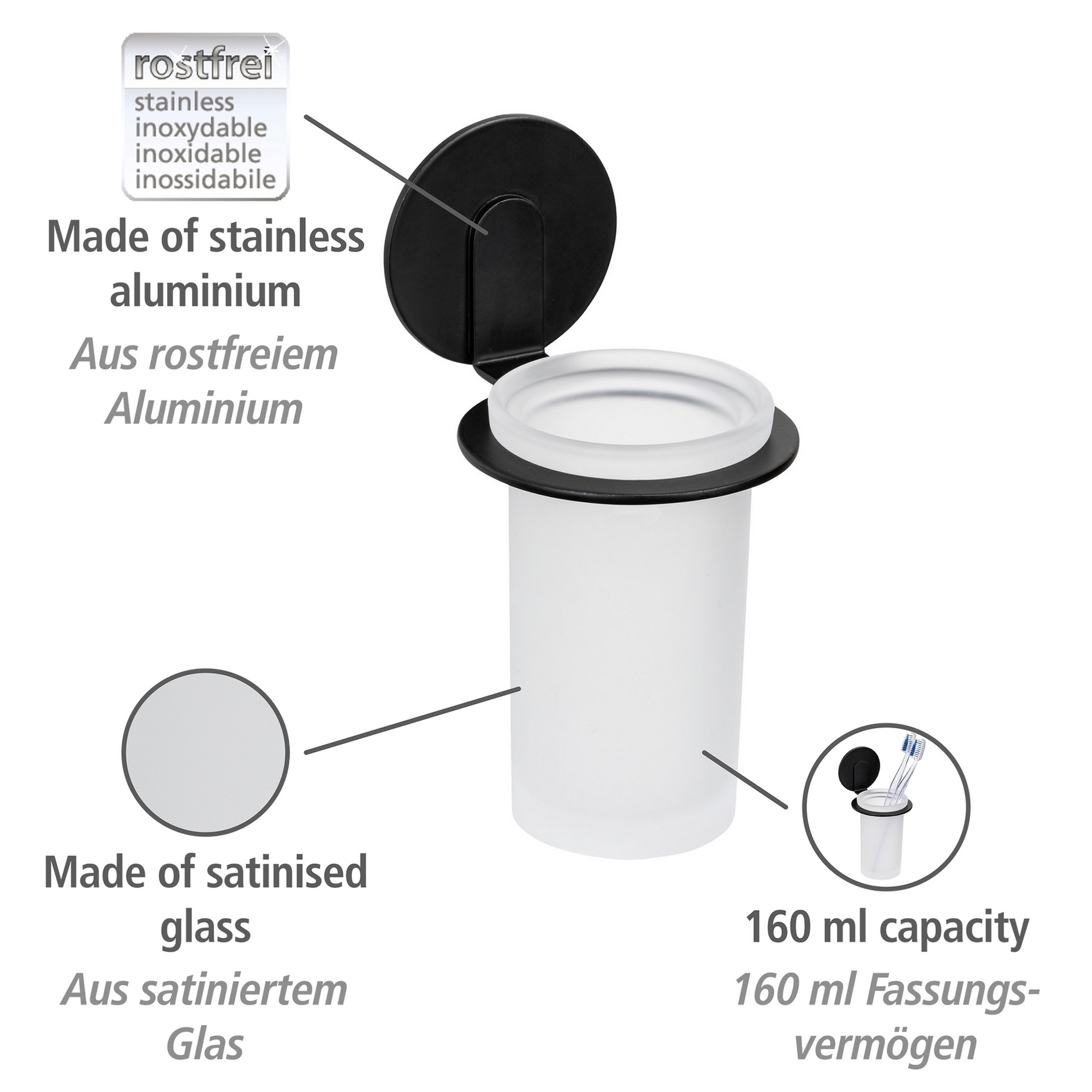 Zahnputzbecher 'Bivio' Glas schwarz 8 x 16,5 x 10 cm