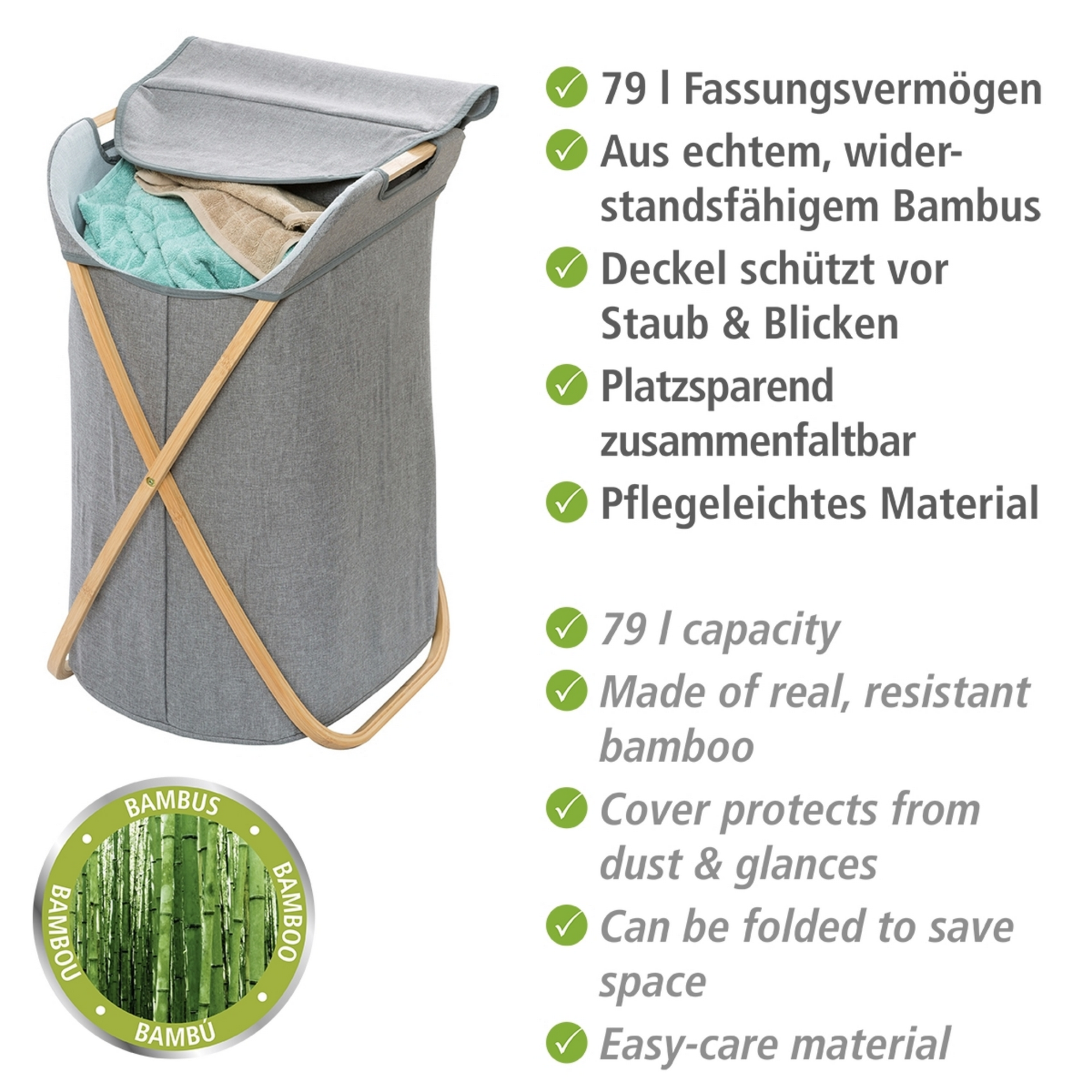 Wäschesammler 'Bahari' Bambus braun, grau 40 x 68 x 46 cm 79 l