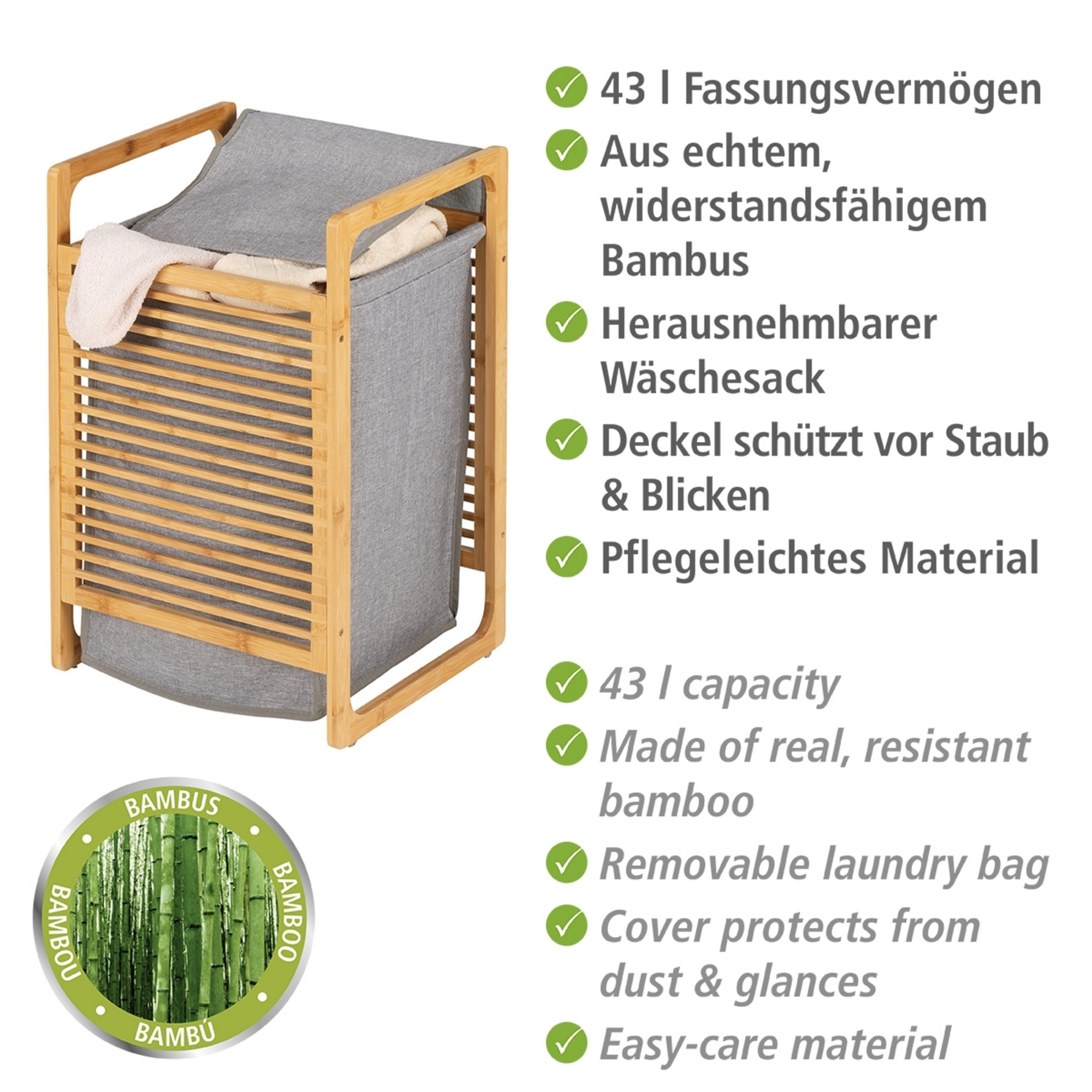 Wäschesammler 'Bahari' Bambus braun, grau 40 x 60 x 35 cm 43 l