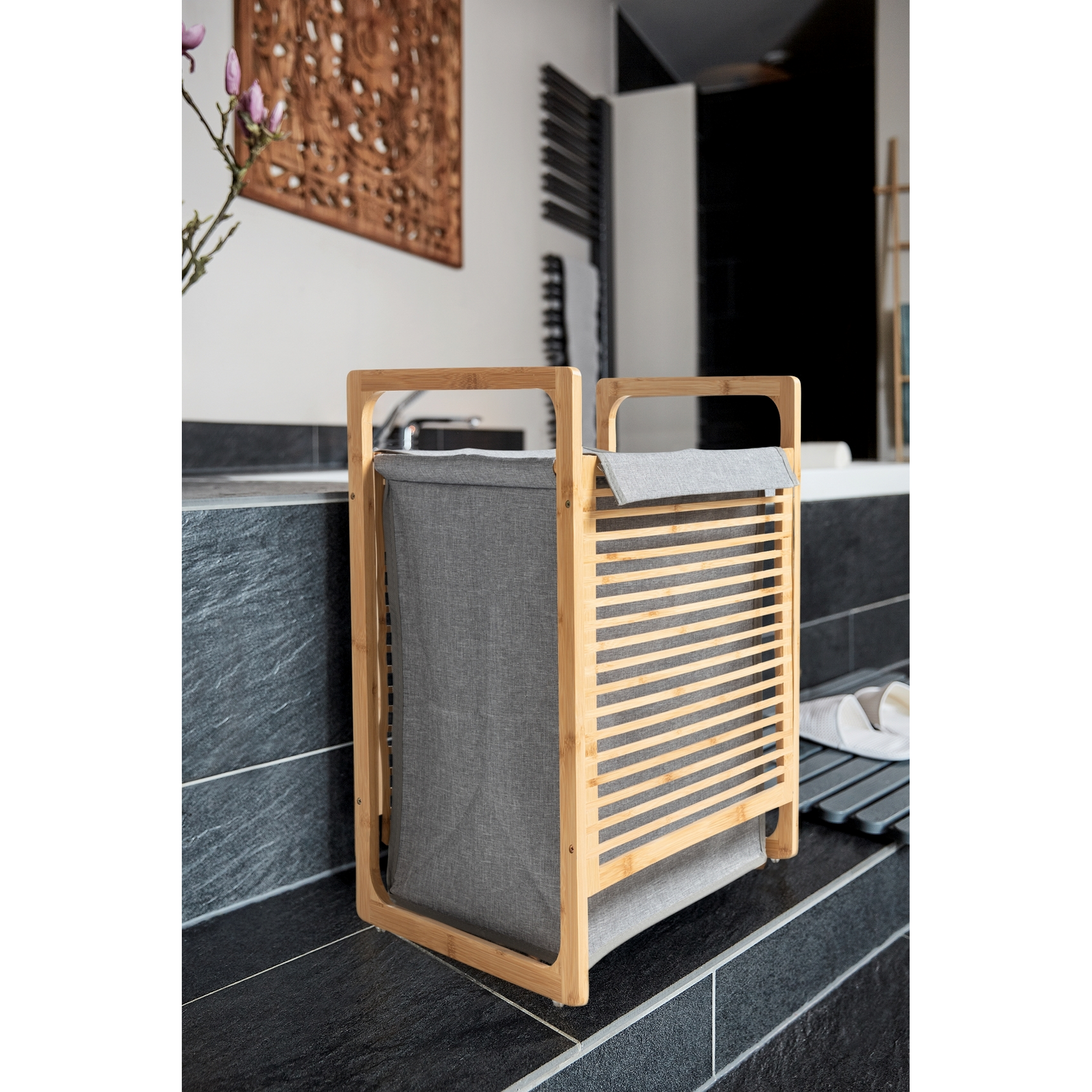 Wäschesammler 'Bahari' Bambus braun, grau 40 x 60 x 35 cm 43 l