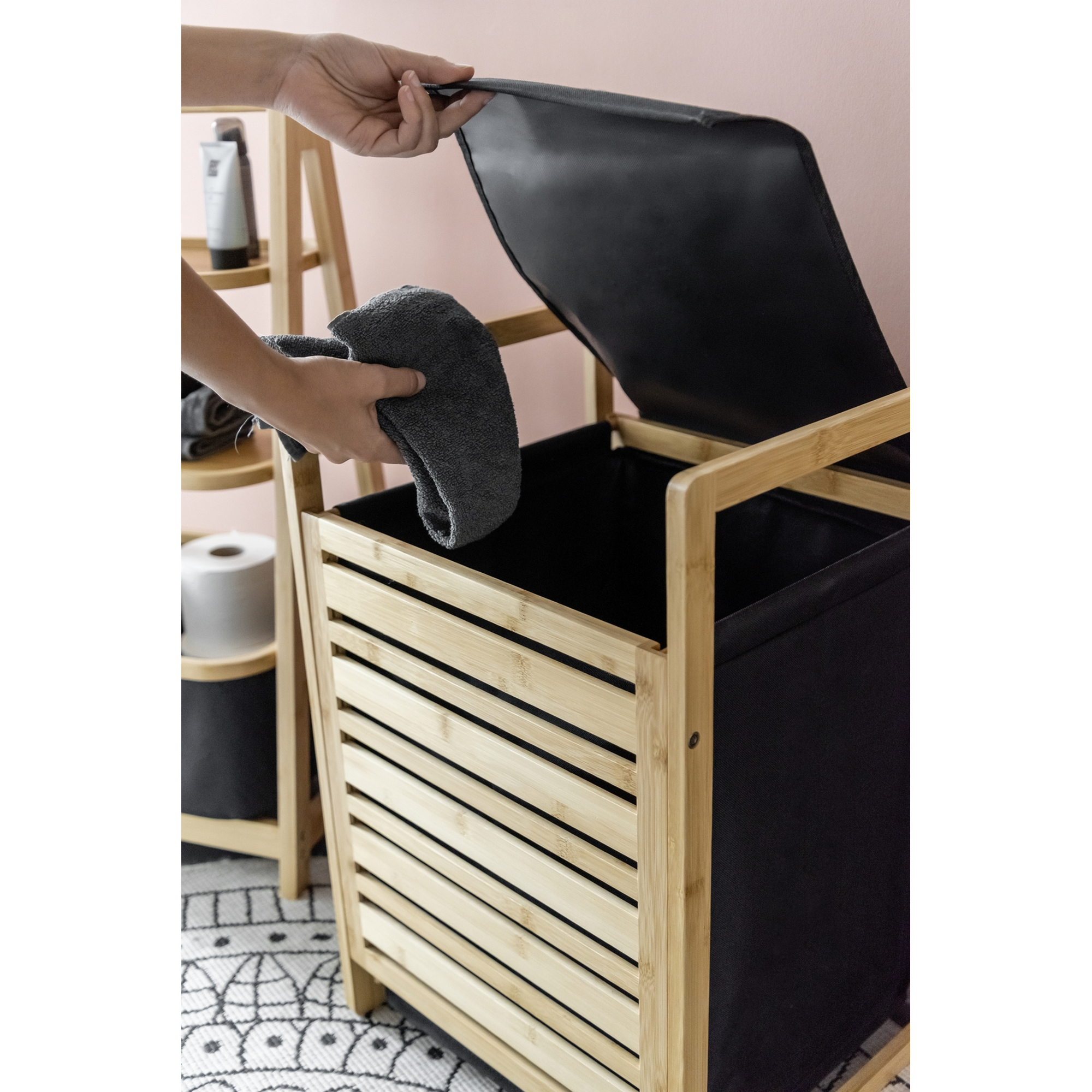 Wäschetruhe 'Ecori' Bambus, Polyester schwarz 40 x 60 x 35 cm