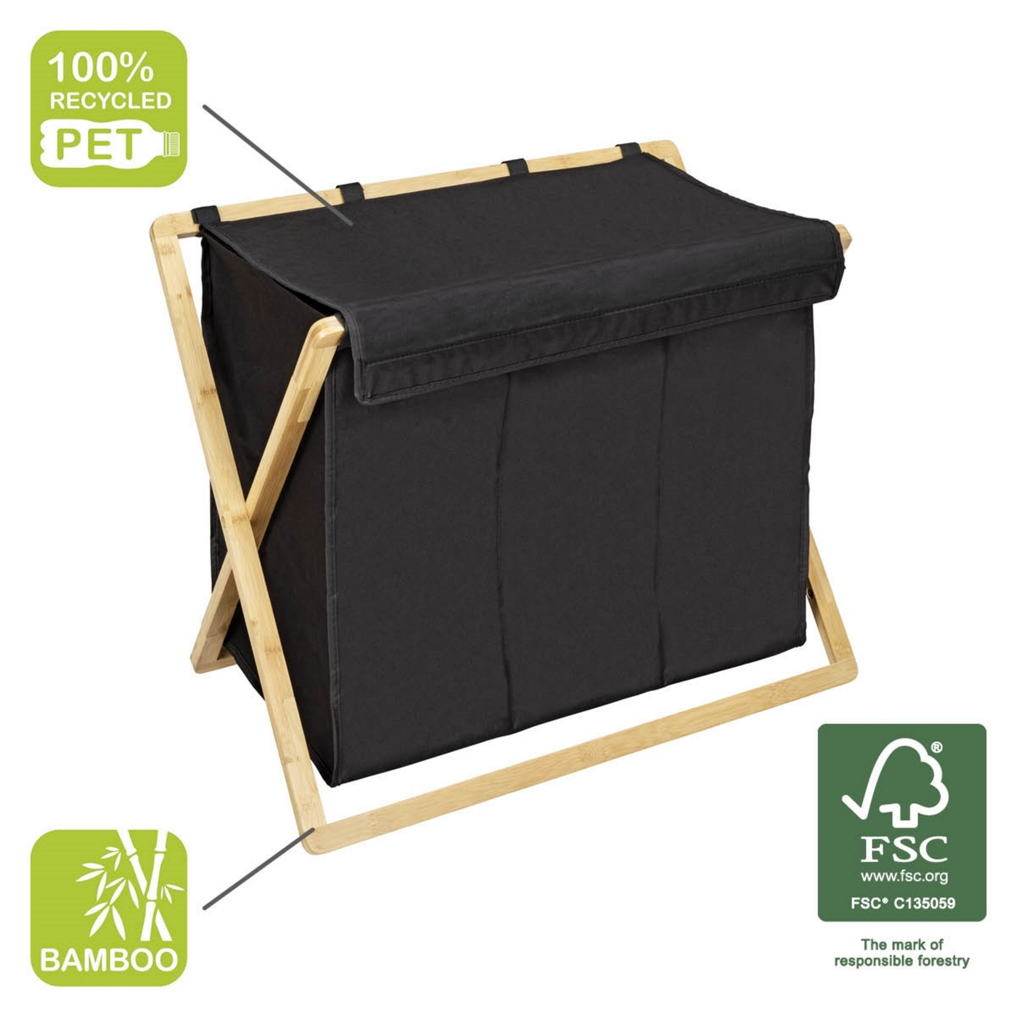 Wäschesammler 'Ecori' Bambus schwarz, braun 69 x 56,5 x 33 cm