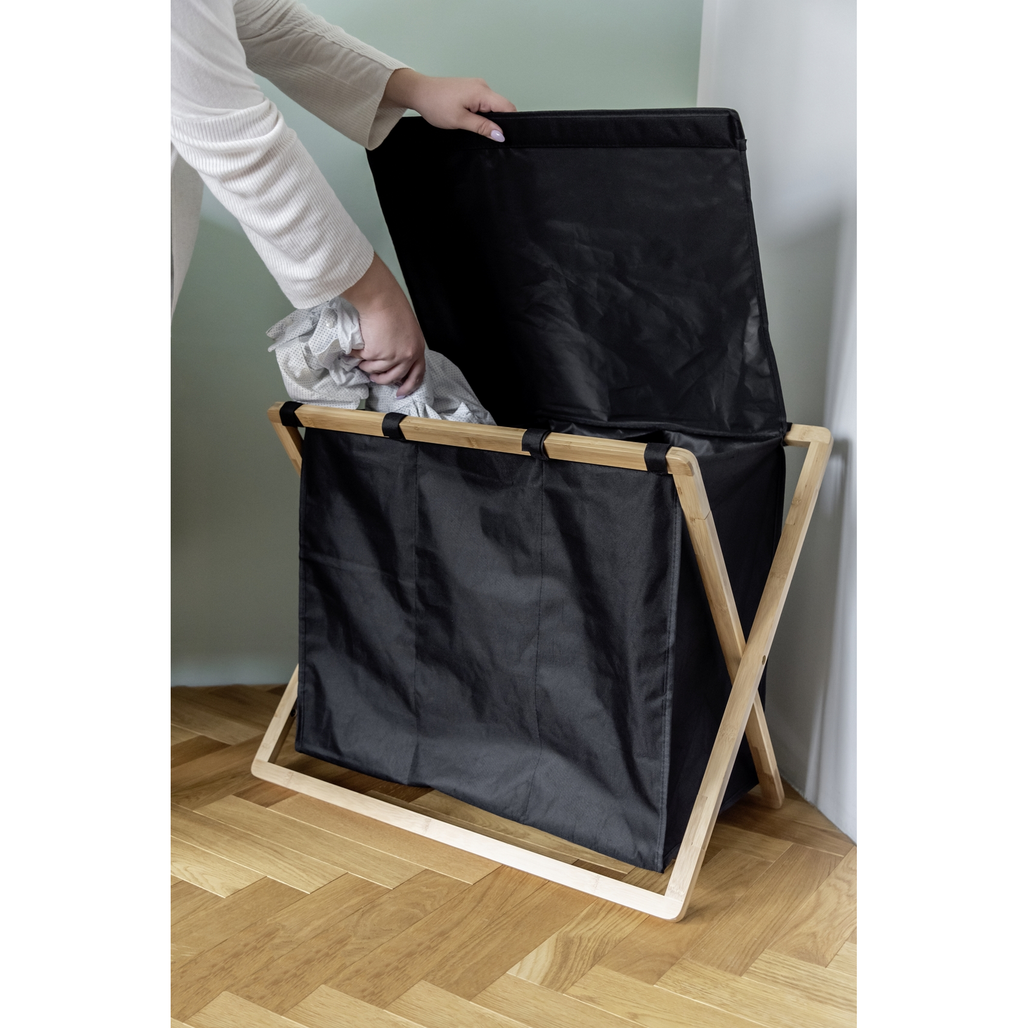 Wäschesammler 'Ecori' Bambus schwarz, braun 69 x 56,5 x 33 cm