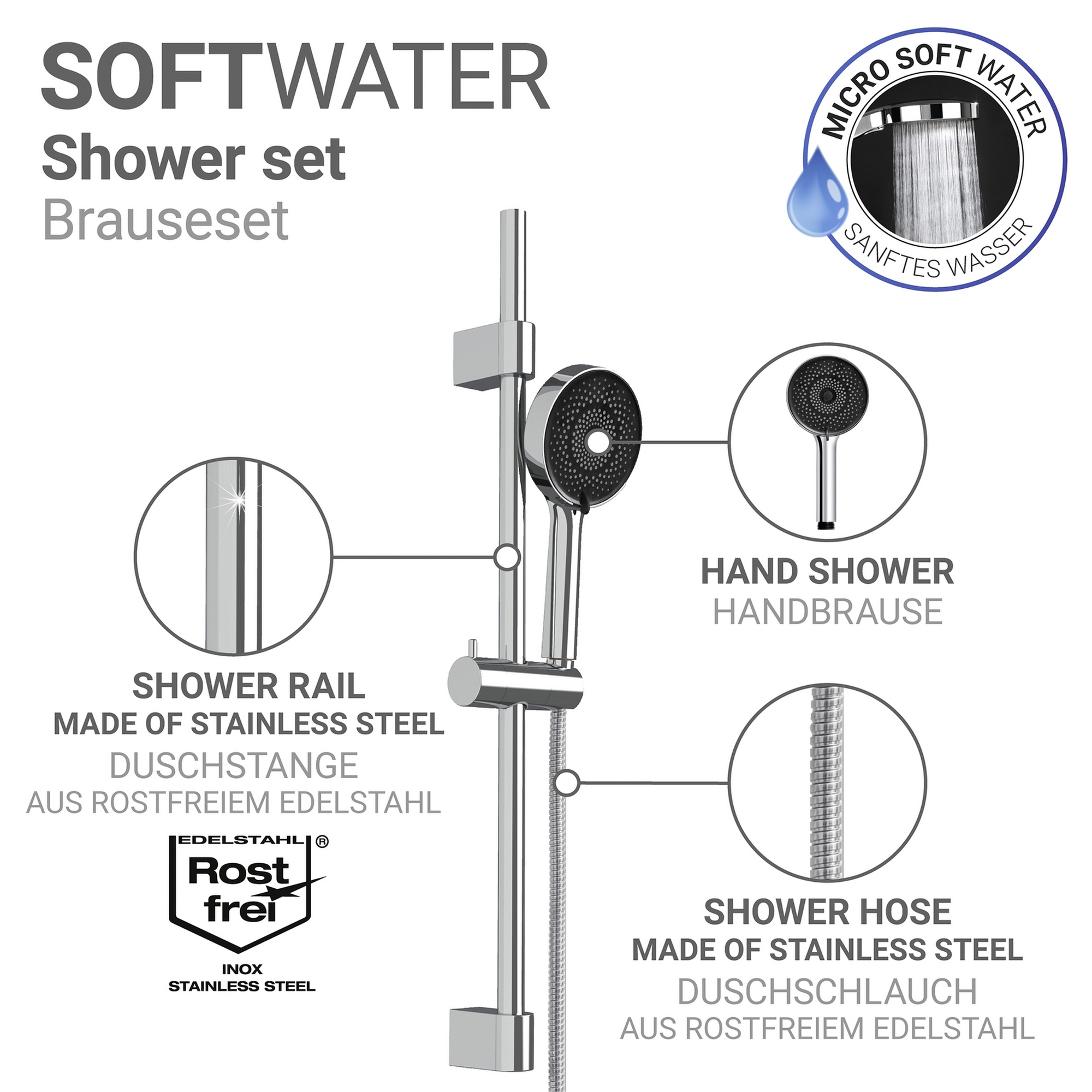 Handbrausen-Set 'Softwater' Edelstahl chromfarben 3-teilig