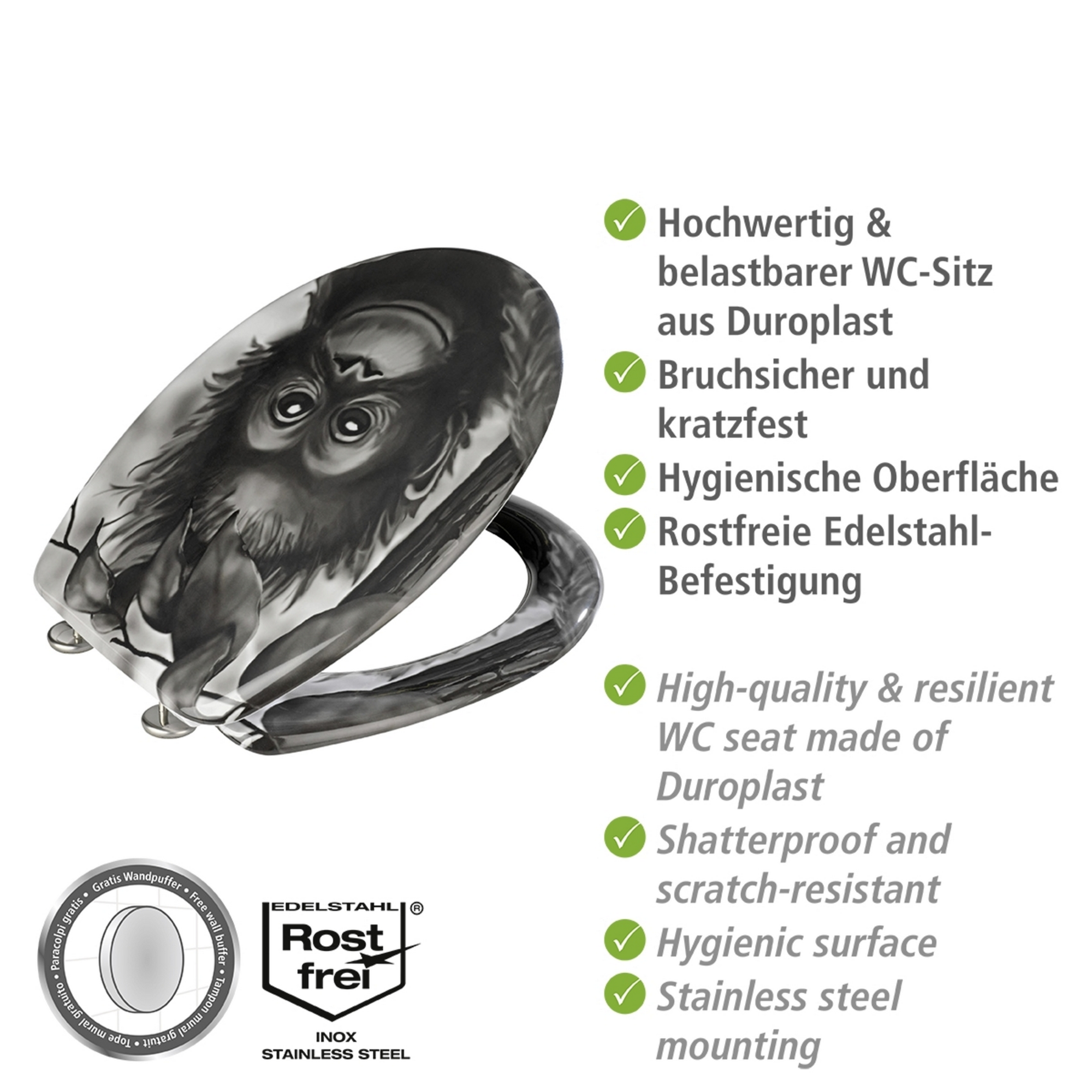 WC-Sitz 'Affe'' mit Absenkautomatik schwarz, weiß Duroplast