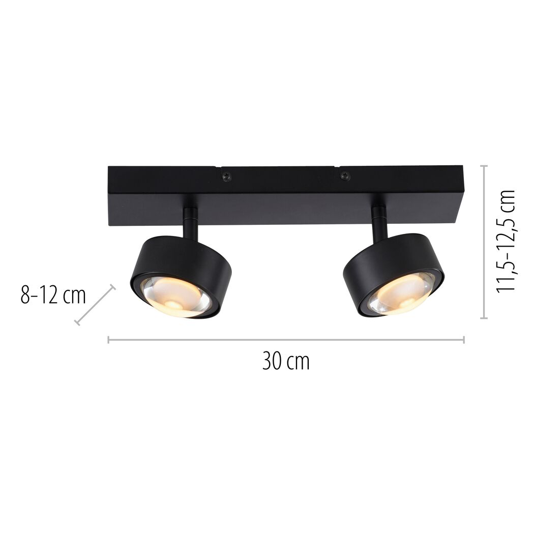 LED-Spot 'Kulu' 2-flammig in Schwarz mit Maßangaben.