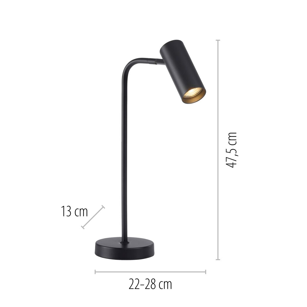 Beleuchtete schwarze LED-Tischleuchte 'Rik' mit Maßen.