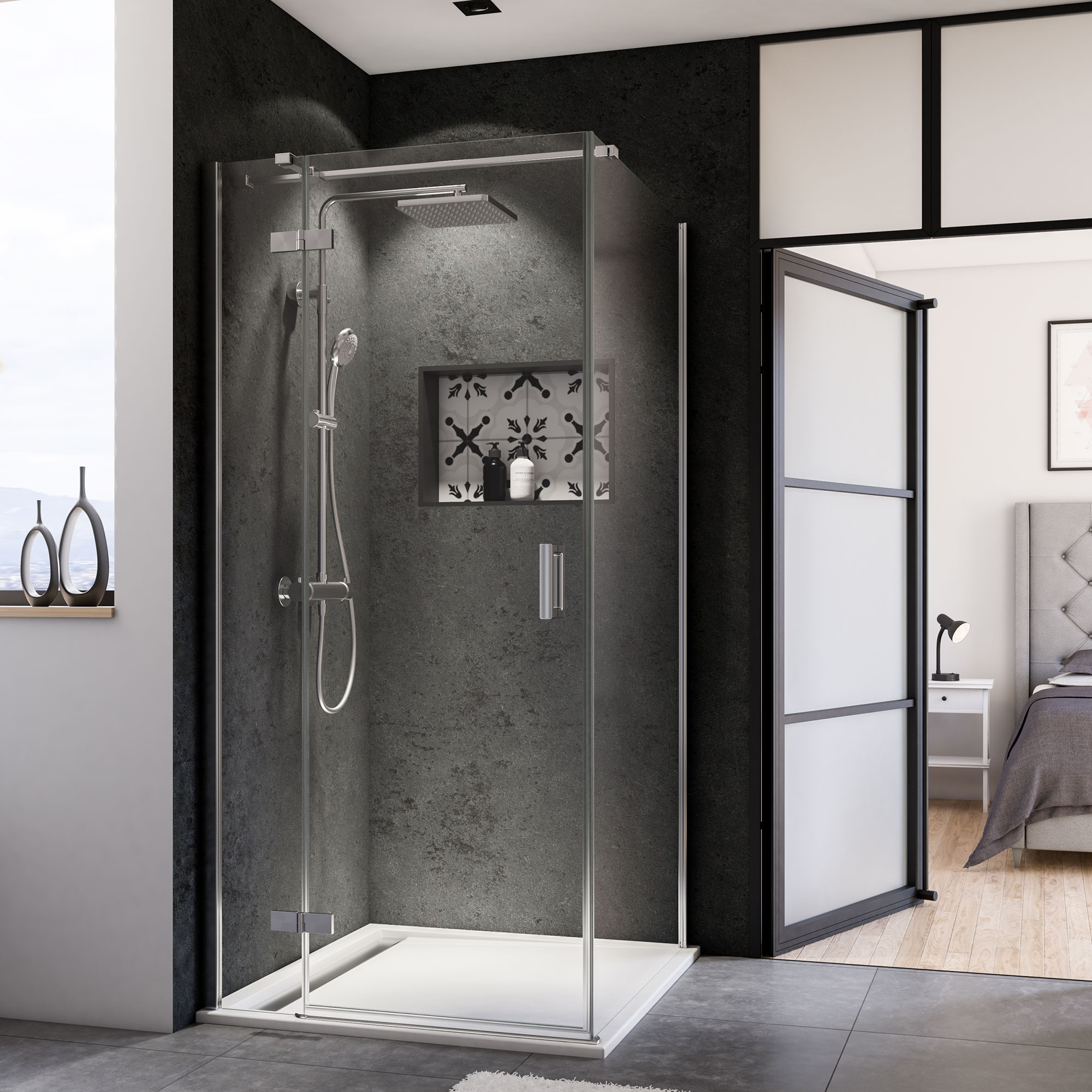 Drehtür für Seitenwand 'Panorama', Klarglas, Anschlag links, chromfarben