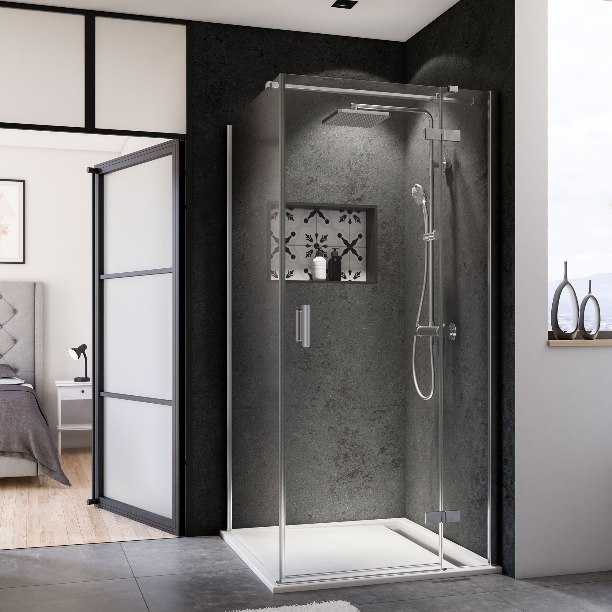 Drehtür für Seitenwand 'Panorama', Klarglas, Anschlag rechts, chromfarben